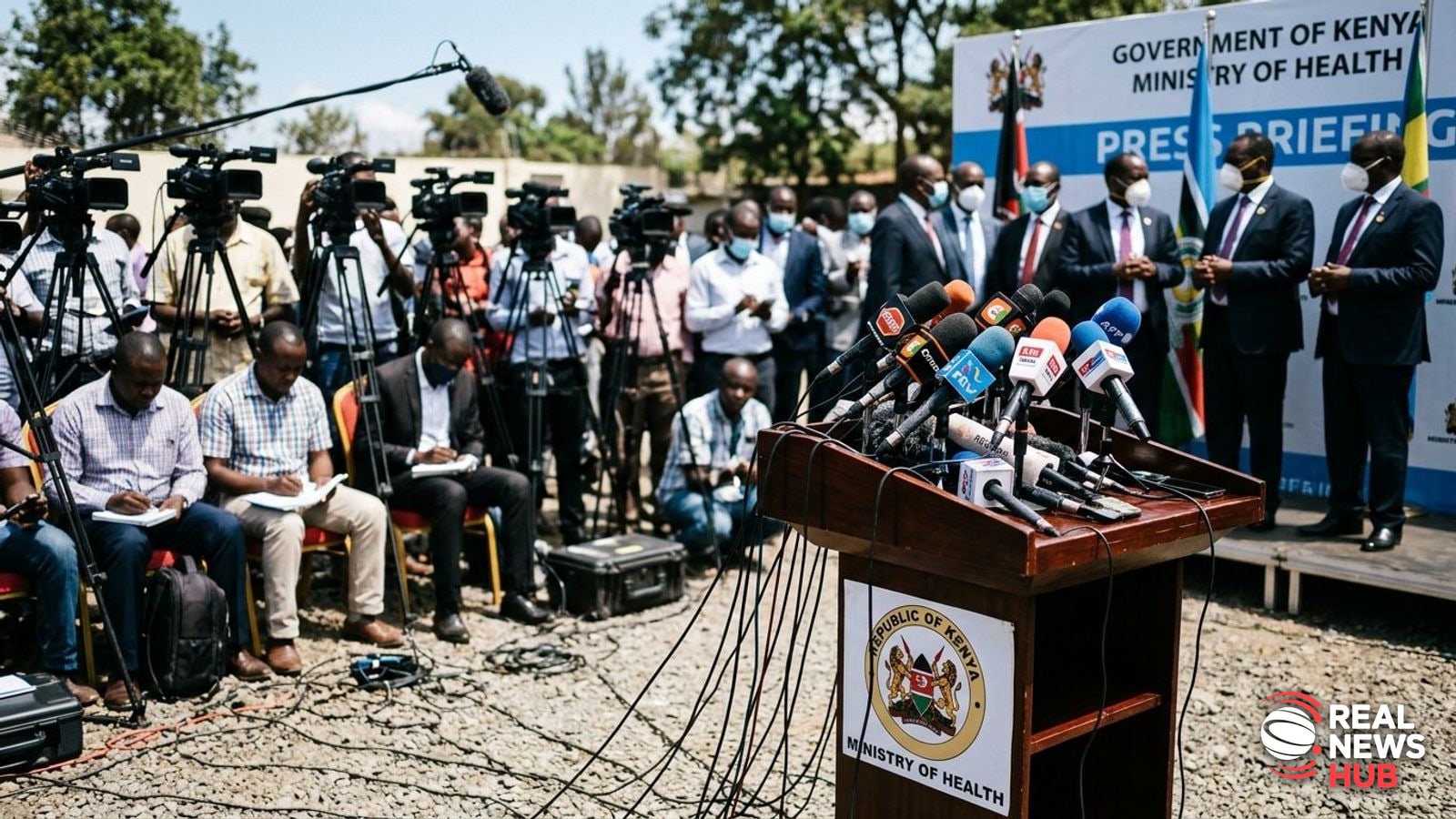 An empty press podium with cluster of broadcast microphones set up outdoors, with journalists and medical banners blurred in background.