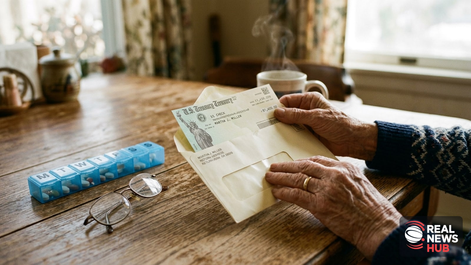 An elderly person holding an official government check and mail at a dining table.