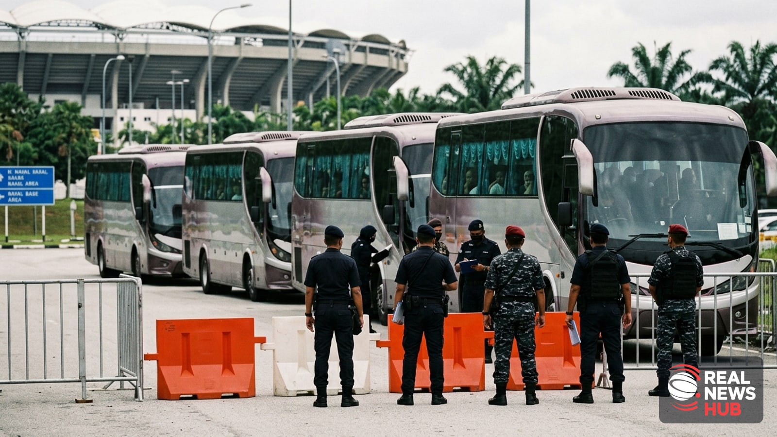 Security personnel stand guard beside buses carrying refugees during a repatriation operation near a Malaysian naval base.
