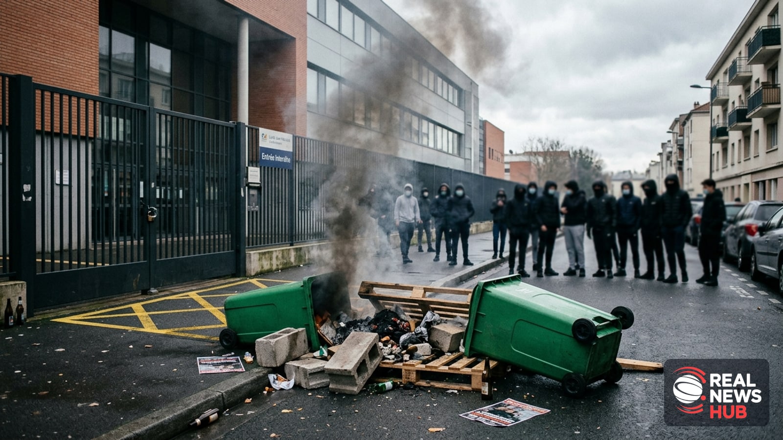 A Parisian street outside a secondary school showing debris, a burning trash bin, and heavy smoke drifting into the air.