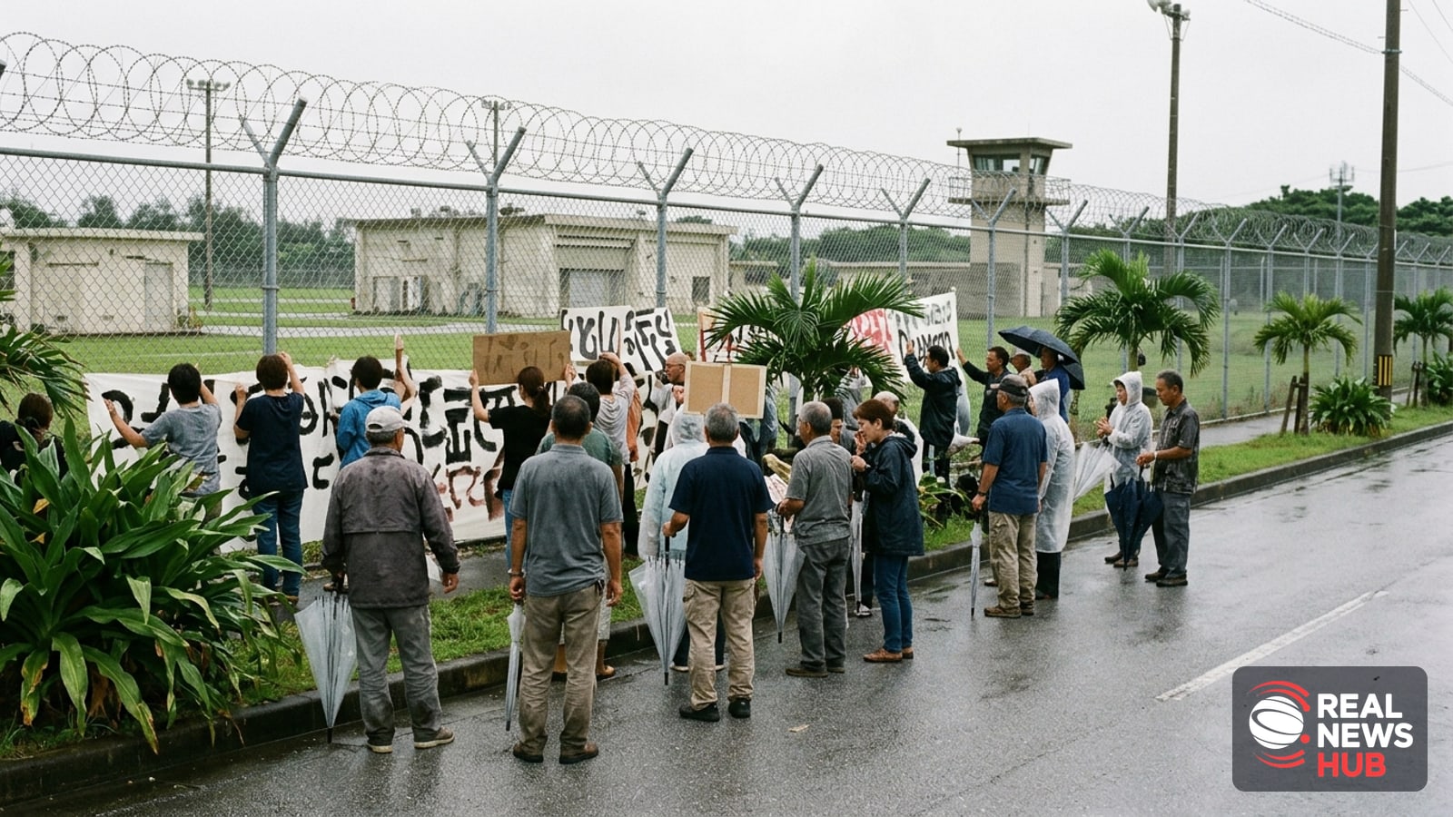 Protesters gather outside a military base fence under an overcast sky in Okinawa, holding signs during a demonstration.