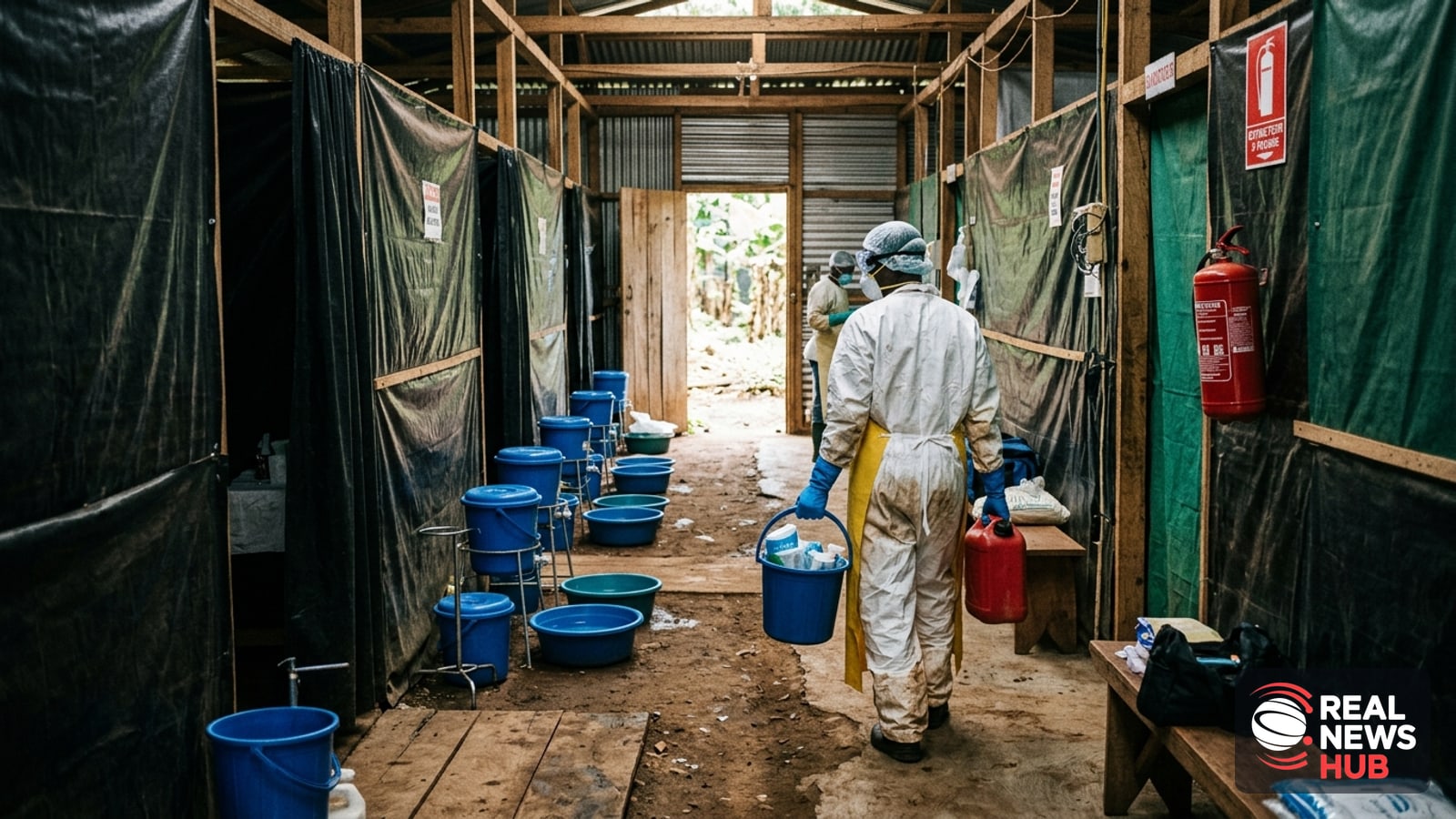 A healthcare worker in full protective gear carries sanitary supplies through a rural Ebola treatment centre corridor in northeastern DR Congo.