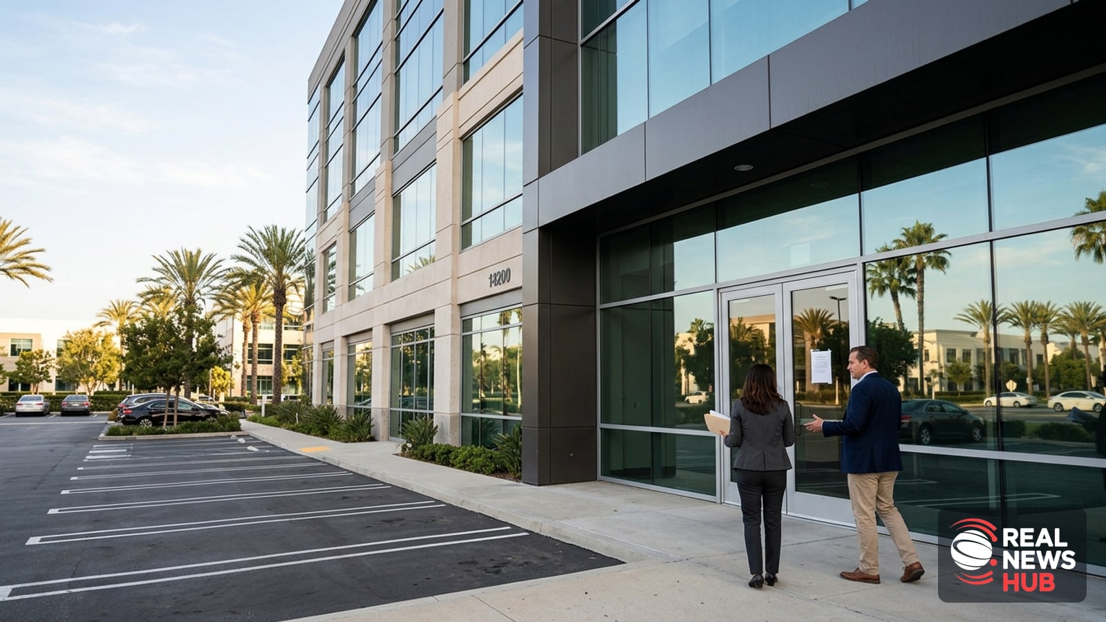 Exterior of a closed Southern California bank branch building with anonymous officials standing near the entrance on a sunny morning.