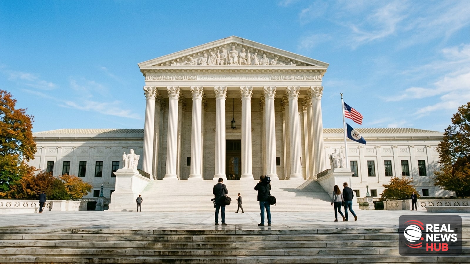 Exterior of the US Supreme Court building on a bright day with autumn leaves and distant figures on the steps.