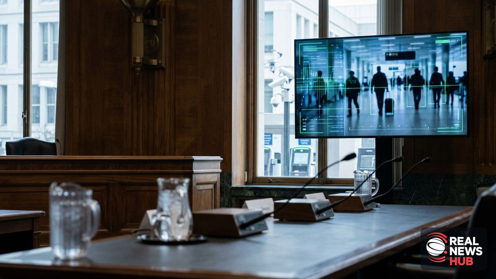 Empty Senate hearing room with a screen showing abstract facial recognition scanning of anonymous silhouettes, symbolizing government biometric surve…