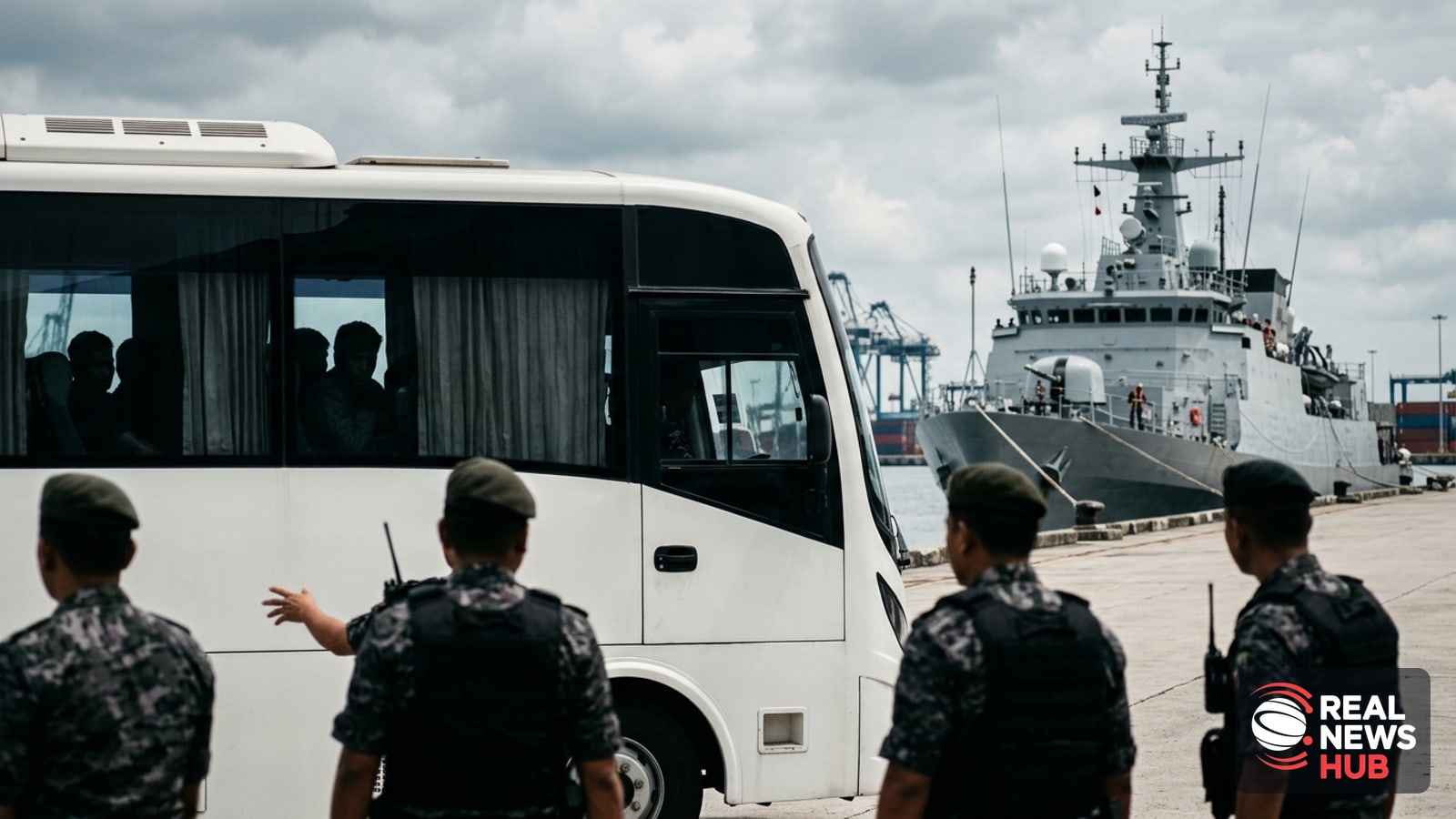 A bus of anonymous asylum seekers sits under guard at a dockside as a naval ship waits nearby for repatriation to Myanmar.