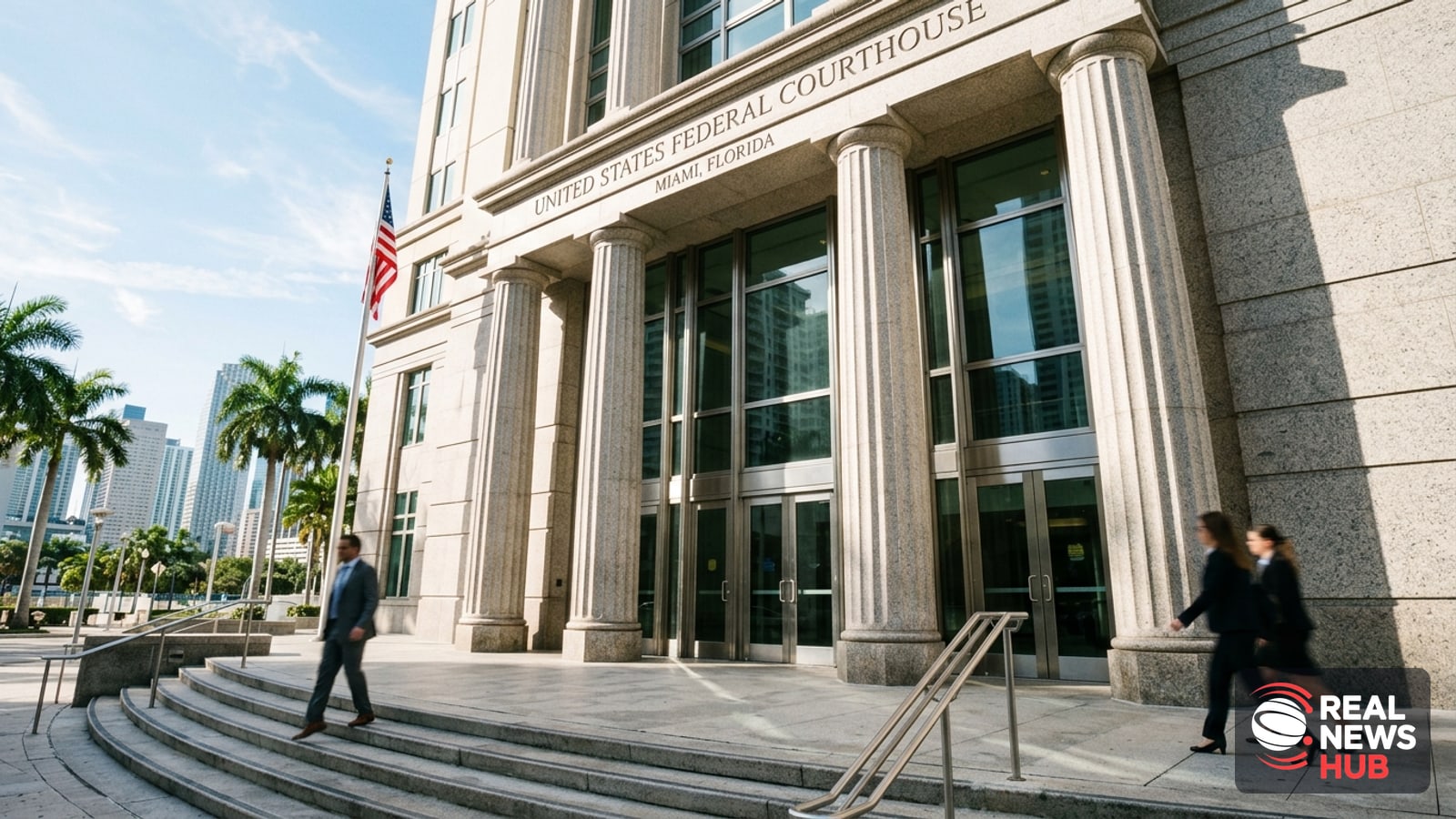 Exterior view of a federal courthouse entrance with stone pillars, a glass door, and anonymous pedestrians walking past.