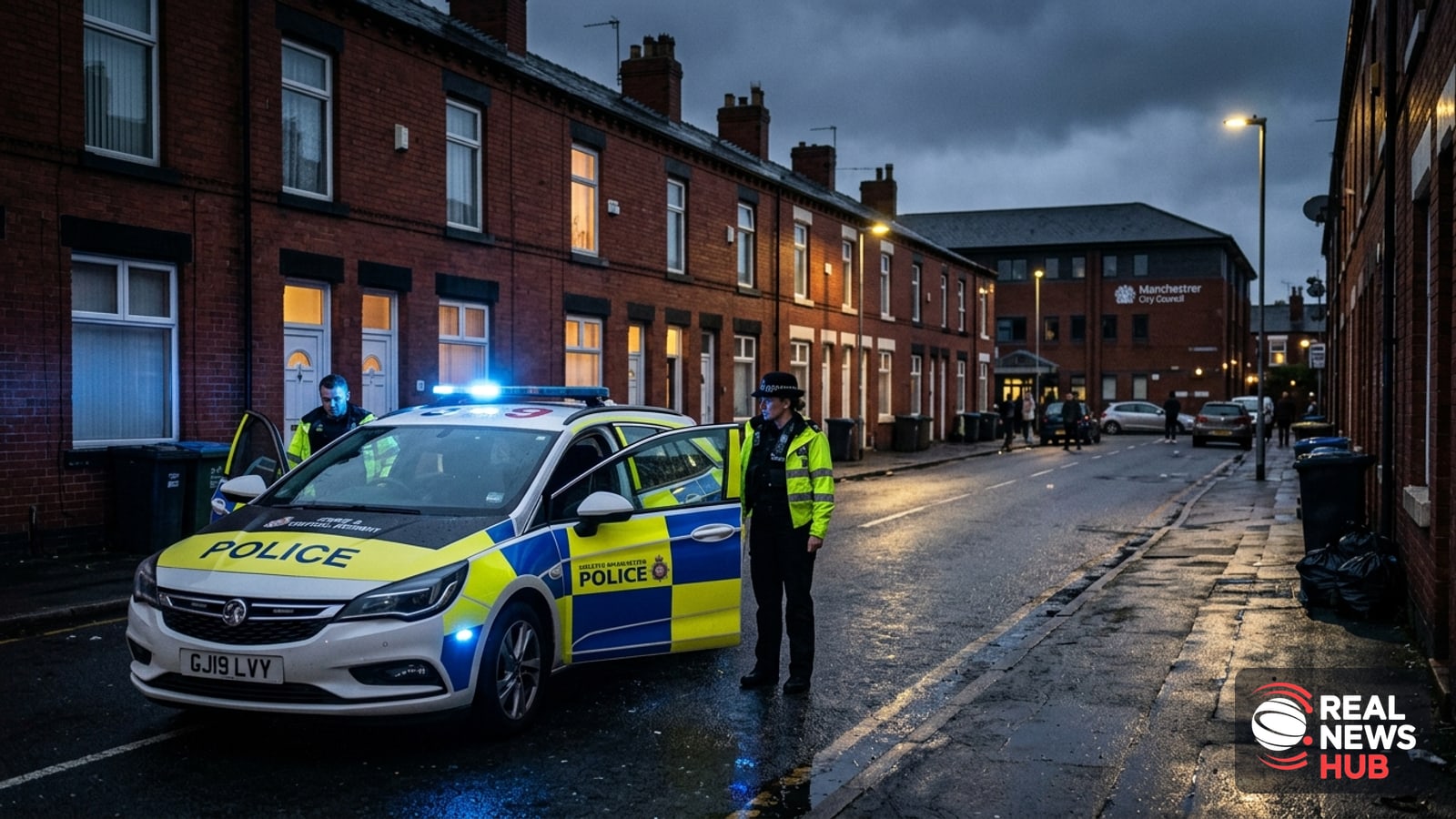 A police car parked outside a community centre on a damp residential street in Manchester at dusk.