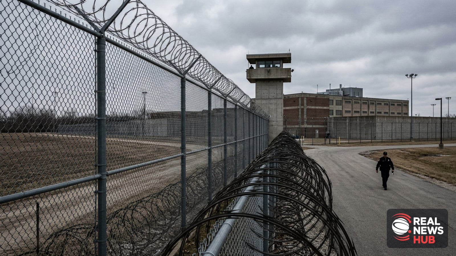 Exterior perimeter of a maximum-security prison facility with razor wire fence and guard tower under an overcast sky.