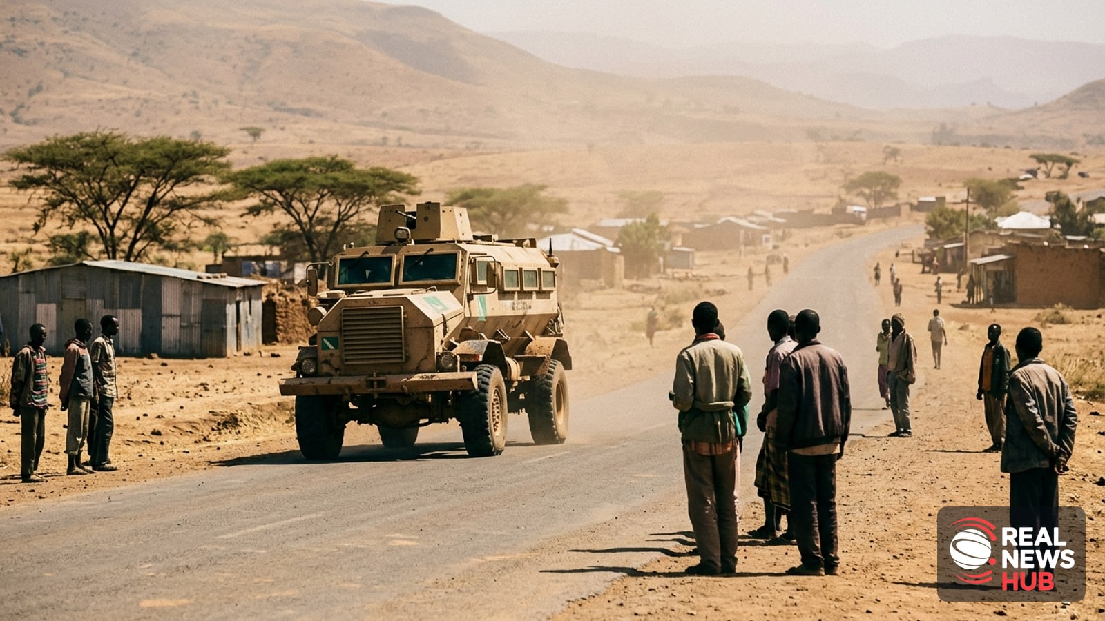 Military vehicles move along a dusty road in northern Ethiopia as local residents observe from the roadside.