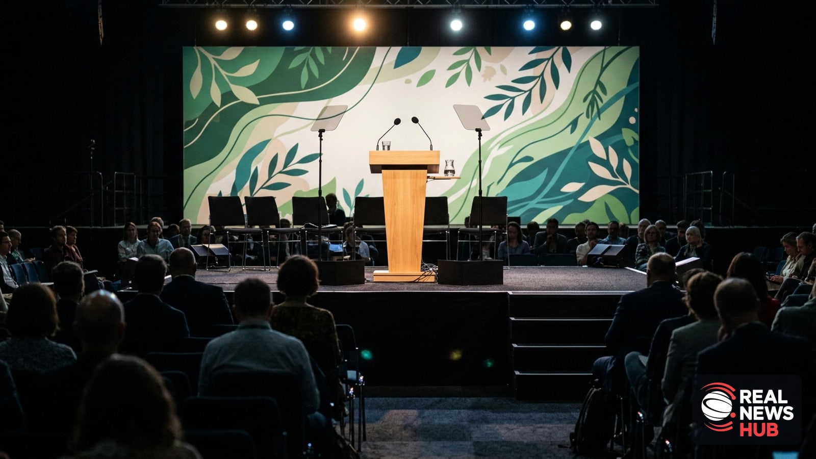 An empty speaker podium on a stage with bright green conference backdrops and blurred audience members in the foreground.