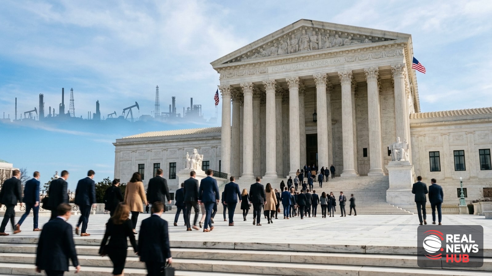 Exterior of the U.S. Supreme Court building with anonymous figures ascending the steps, symbolizing a major climate change case.