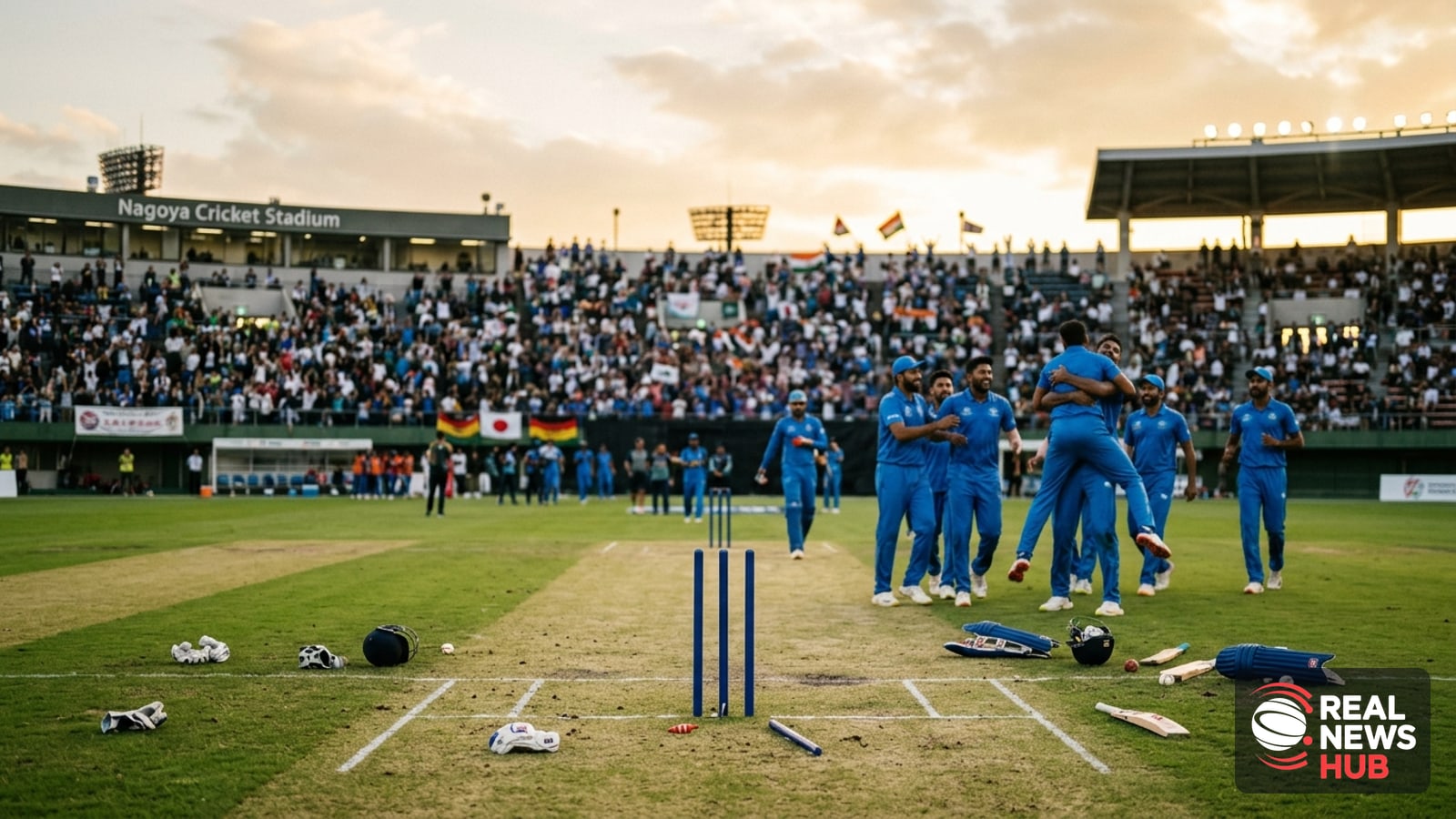 A cricket pitch and stadium after a match under golden late afternoon light, with generic players celebrating in the distance.