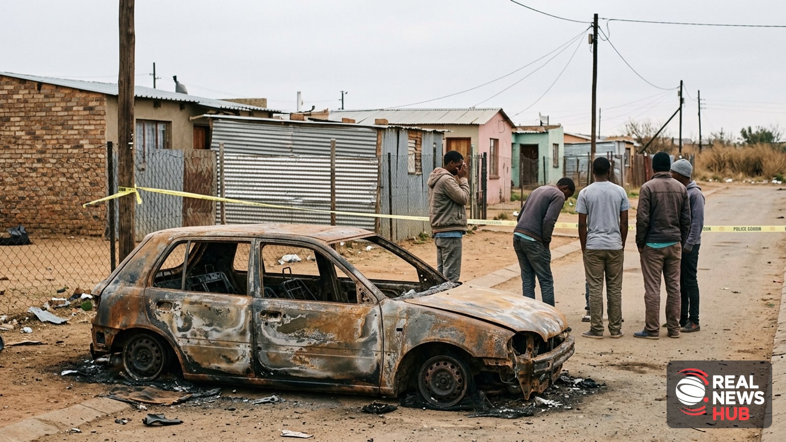Burned car wreck behind police tape at scene of a mass shooting in a South African township, with onlookers gathered nearby
