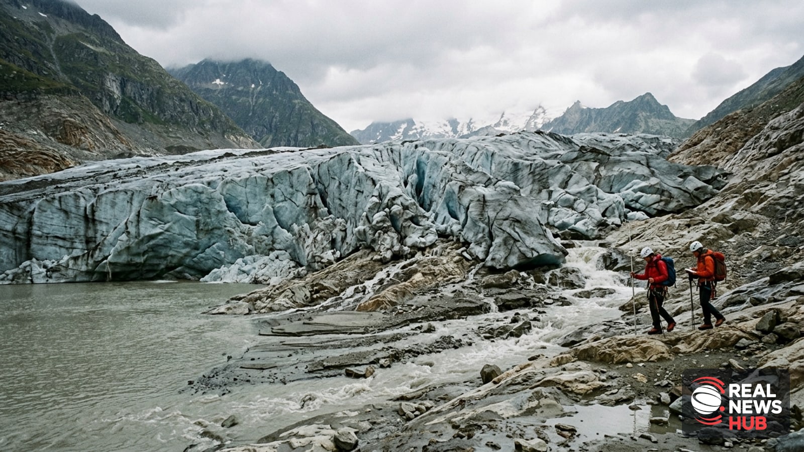 A receding Swiss Alpine glacier tongue showing visible ice melting, runoff streams, and rocky moraine under cloudy daylight.