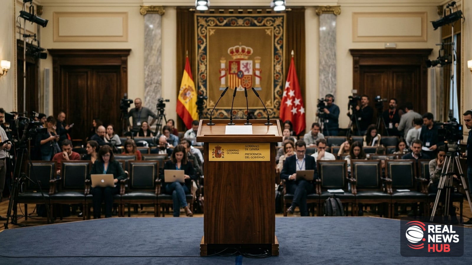Empty press lectern with microphones inside a government briefing room, with indistinct journalists seated in the background.