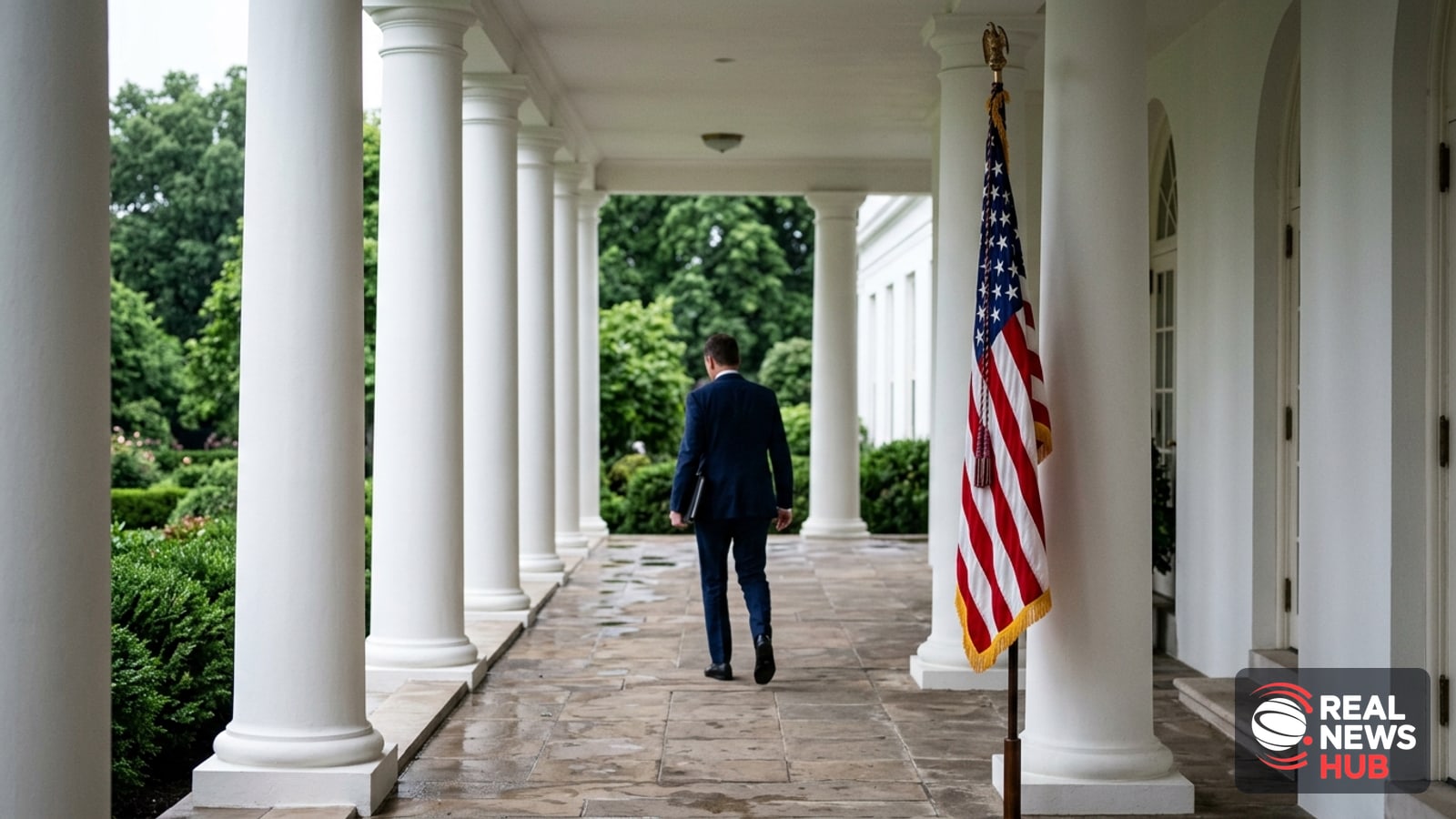 An anonymous suited figure walks along the White House colonnade past an American flag, evoking a high-level meeting on AI policy.