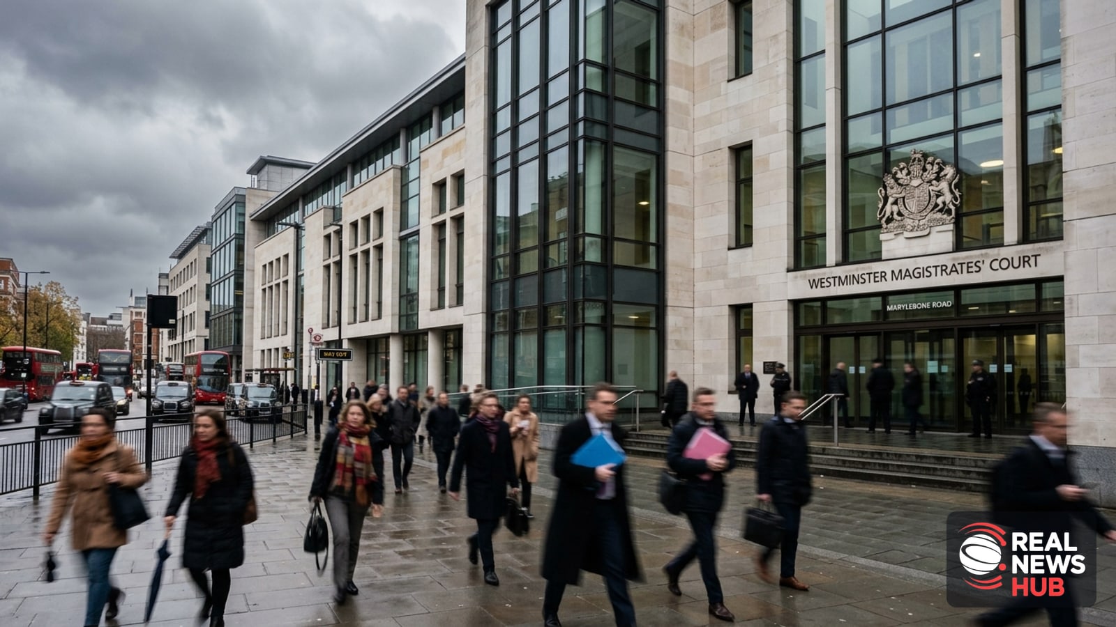 Exterior view of Westminster Magistrates' Court in London on an overcast day with blurred pedestrians outside.