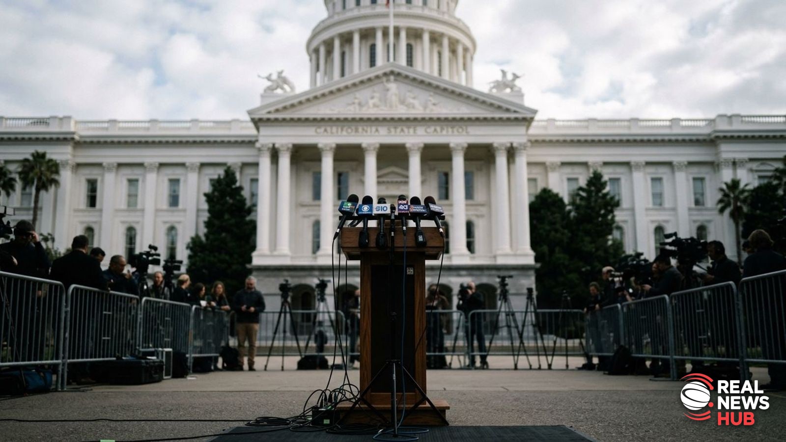 Empty press podium with microphones in front of the California State Capitol building.