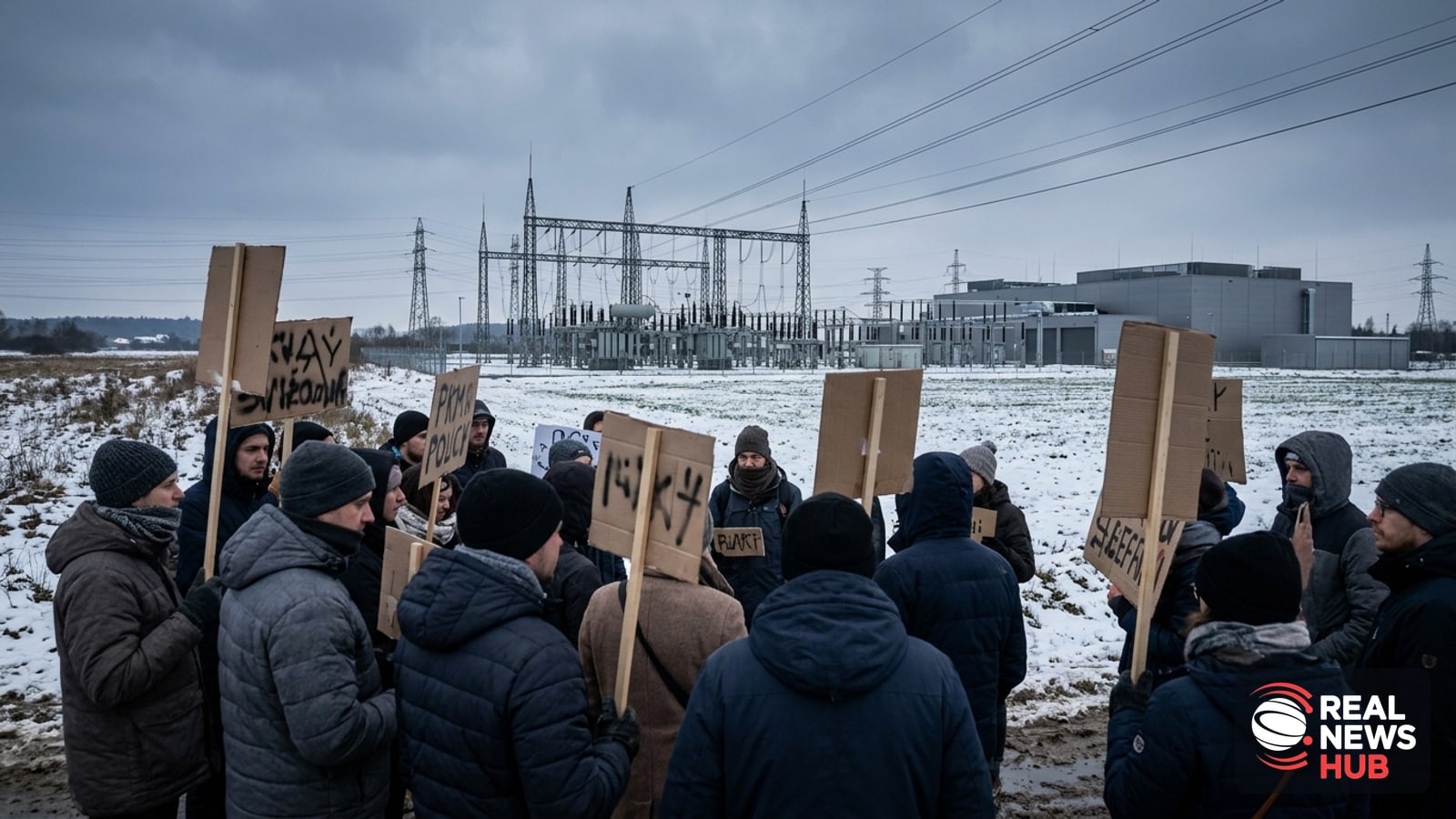 Protesters bundled in winter coats hold unreadable cardboard signs on a cold day, with industrial power infrastructure visible in the distance.