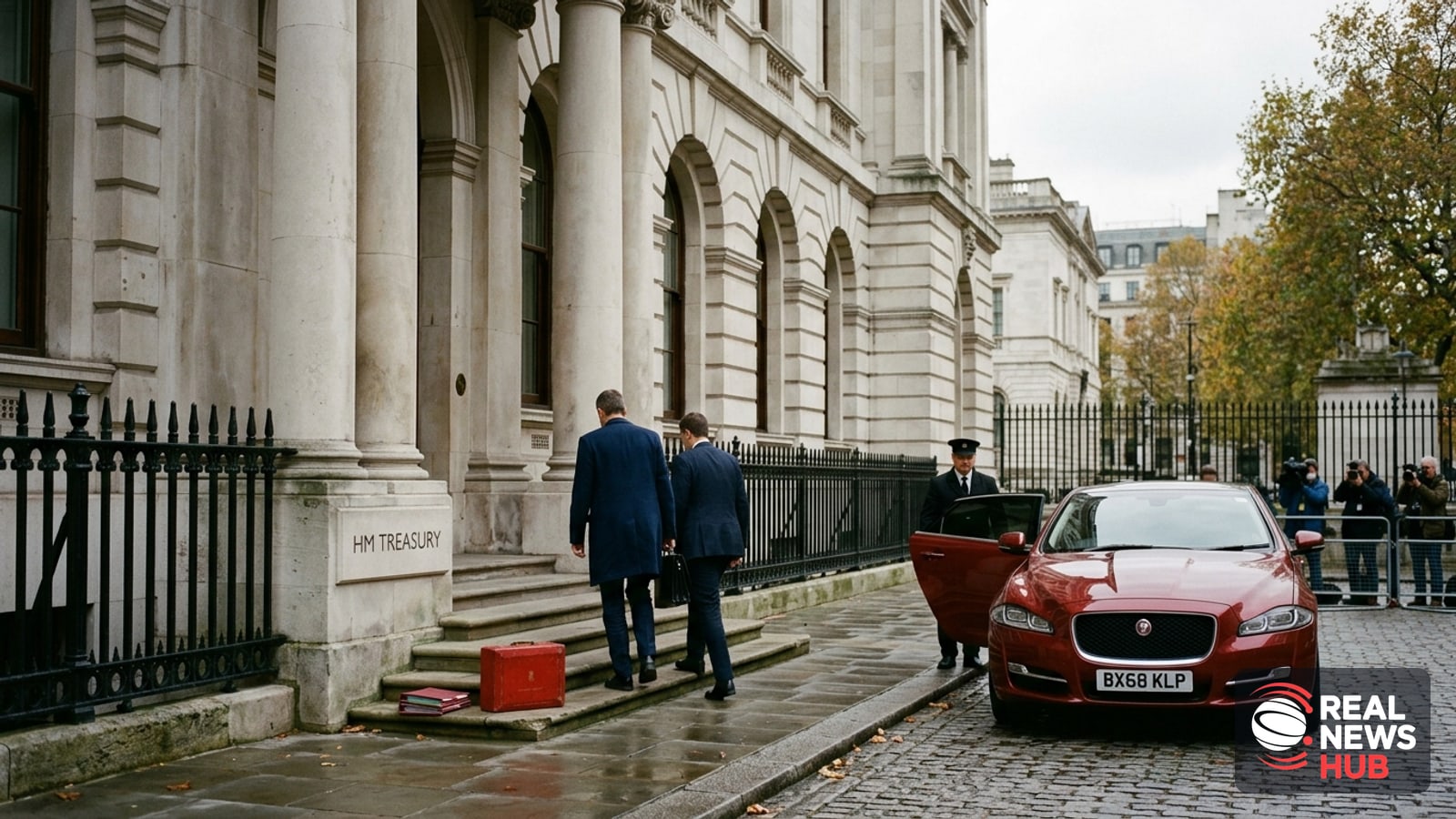 Exterior of a UK government building in London with a red ministerial box on the steps, ahead of the autumn Budget statement.