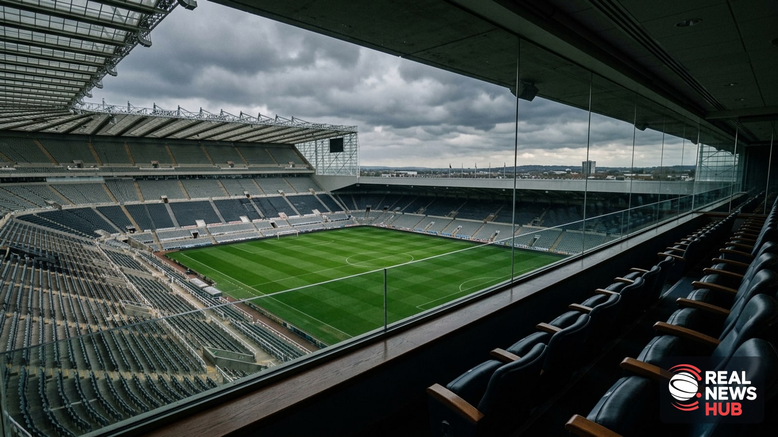 An empty, modern premier football stadium viewed from high executive seating under an overcast sky.
