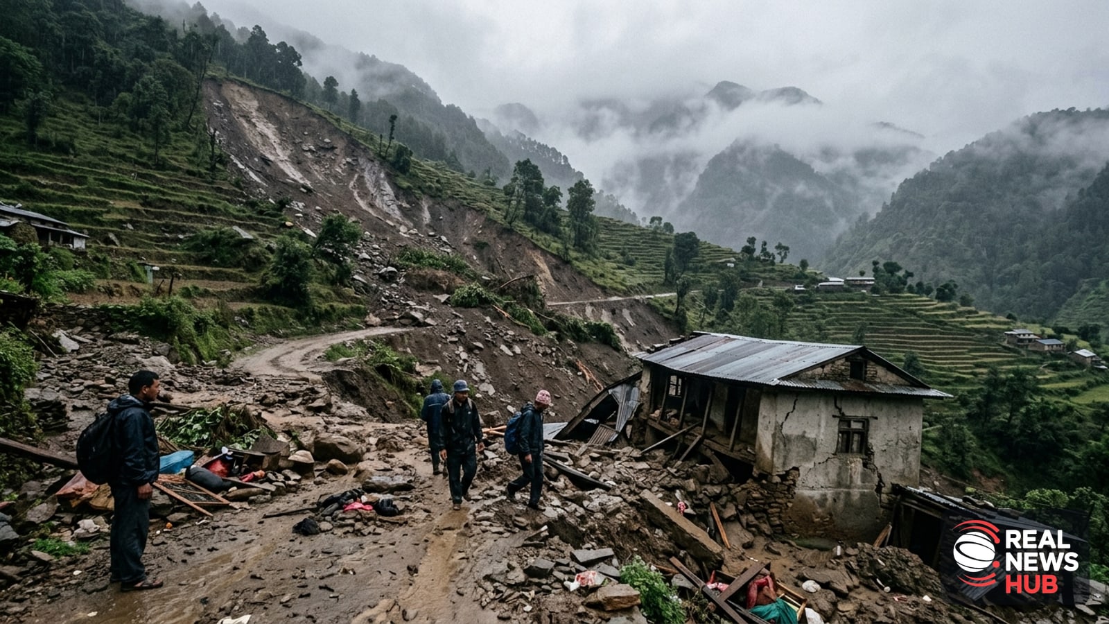 A hillside in Nepal damaged by a heavy mudslide and landslide, with damaged infrastructure and mountain fog.