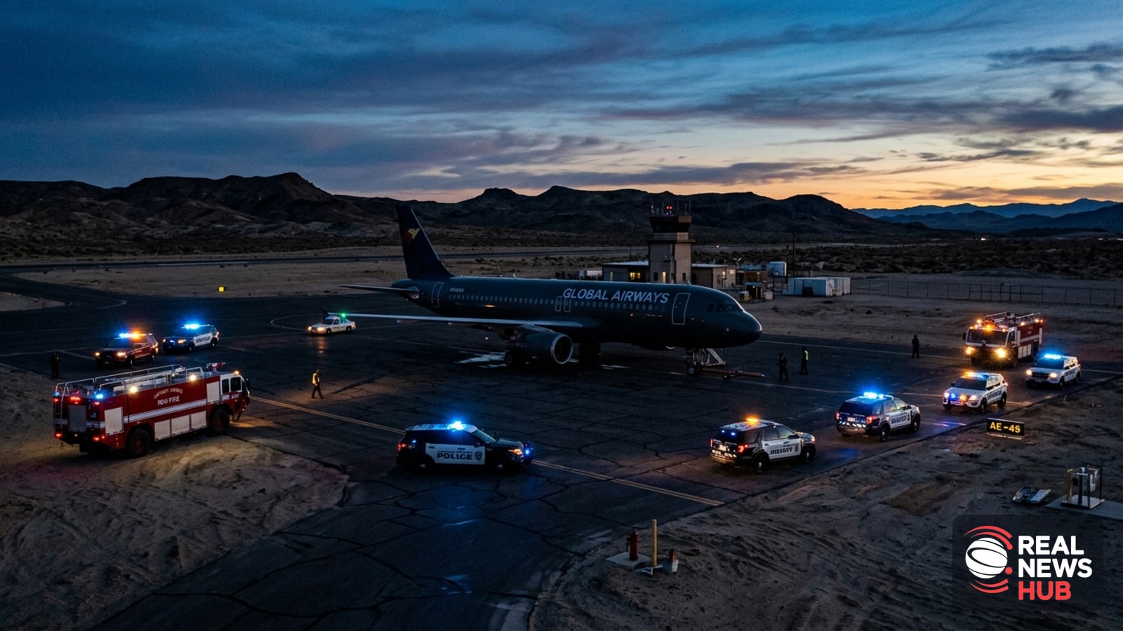 Commercial airliner grounded on an airport tarmac surrounded by emergency vehicles with flashing lights at dusk.