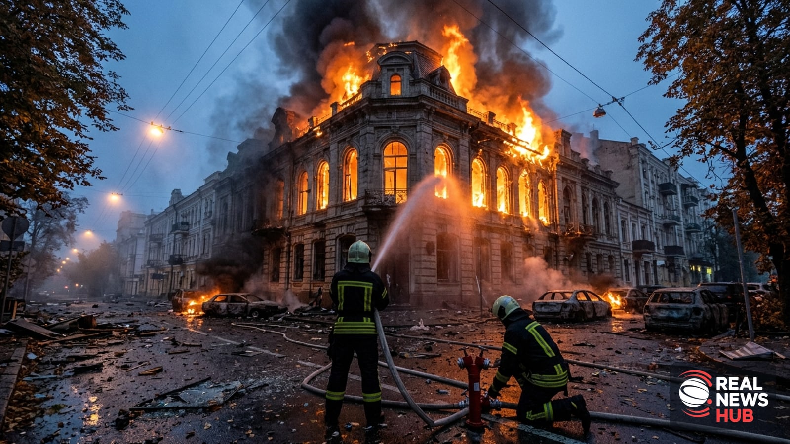 Firefighters battle flames engulfing a historic building and burned cars after a drone strike in central Kyiv.
