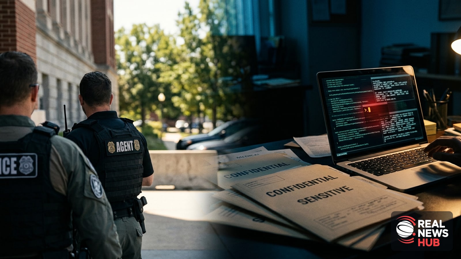 Anonymous federal agents seen from behind outdoors, juxtaposed with a dim office scene of a laptop and medical files symbolizing a data breach.