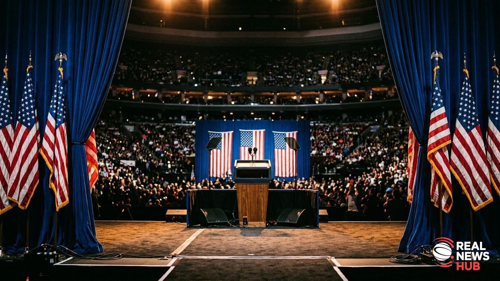 Empty stage at a political campaign rally with microphones, American flags, and a blurred crowd in the background.