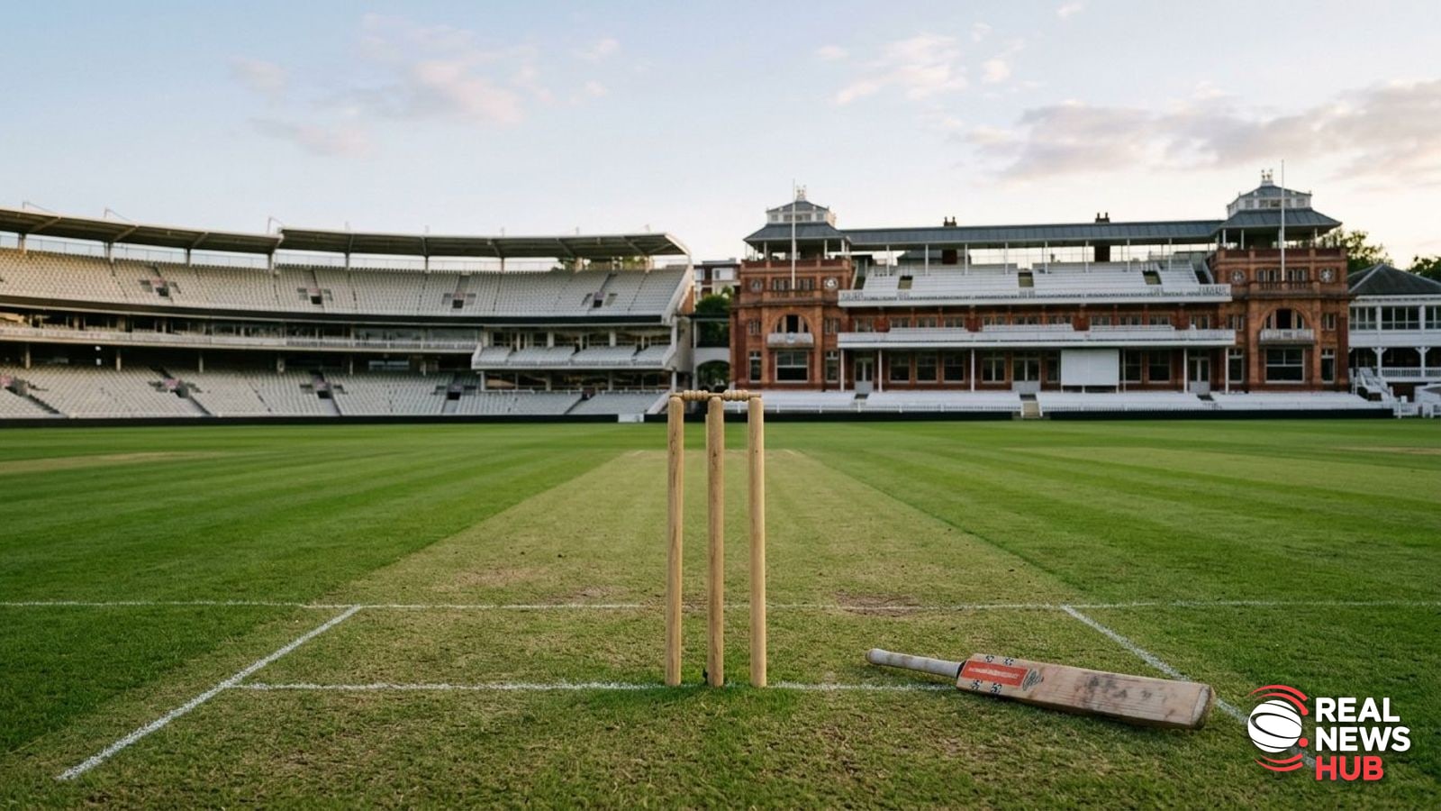 An empty cricket pitch and wickets against the backdrop of a grand historic stadium pavilion under daylight.
