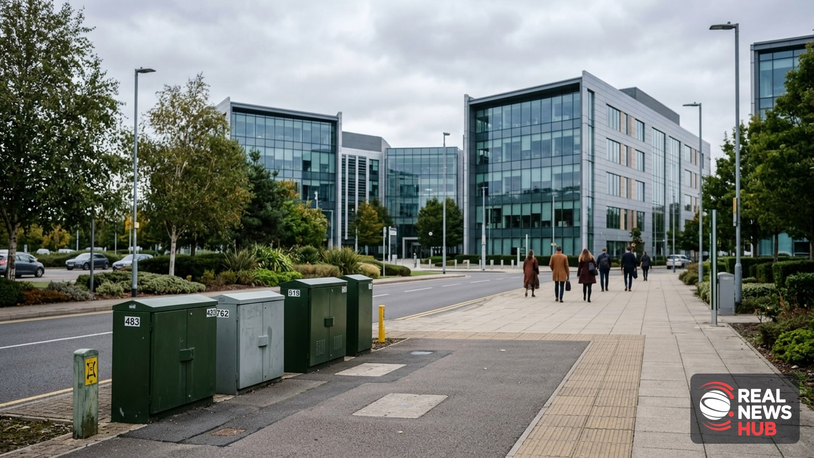 Modern office buildings in a UK commercial district under an overcast sky, representing corporate telecom infrastructure.