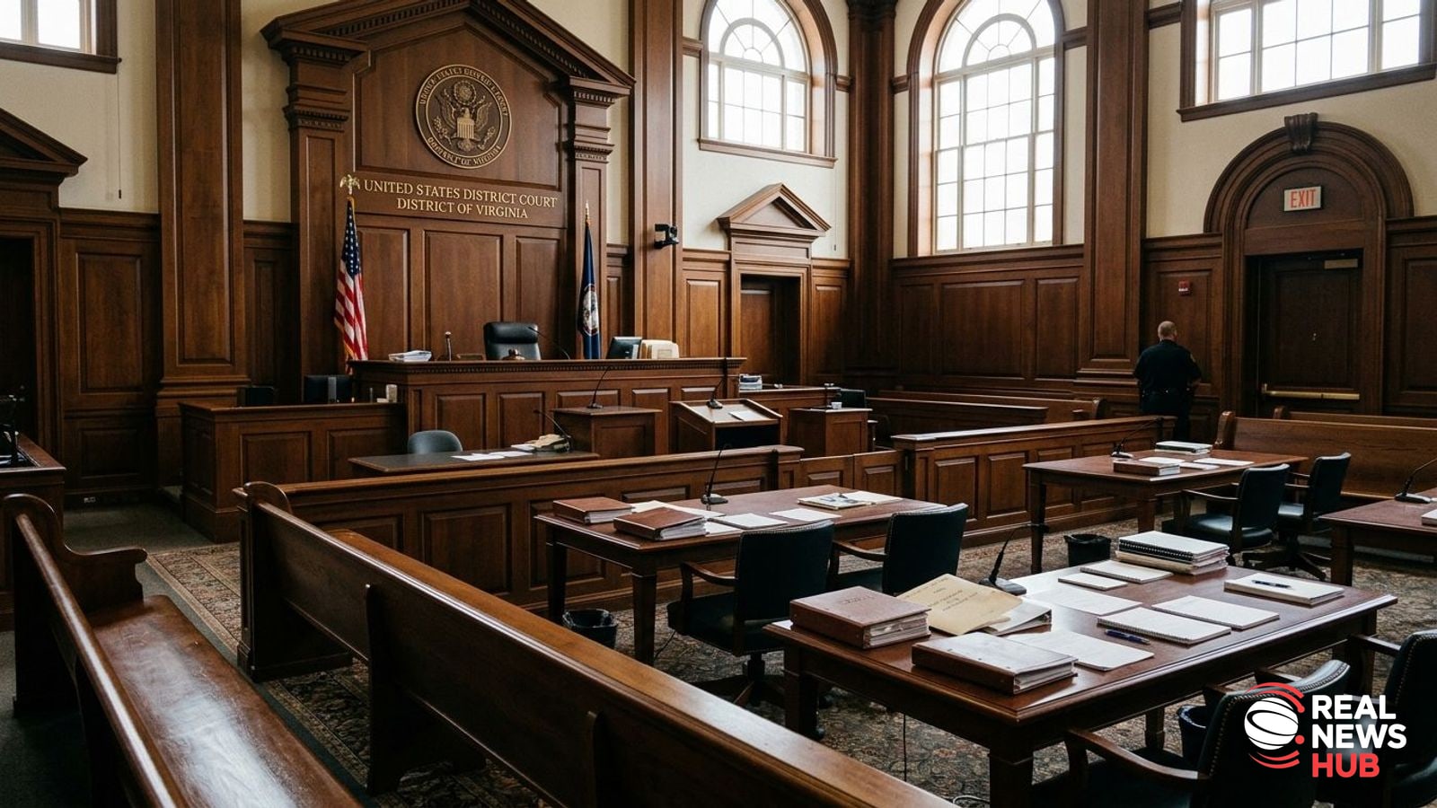 Federal courthouse courtroom interior with empty judge bench and legal desks, viewed from the gallery.