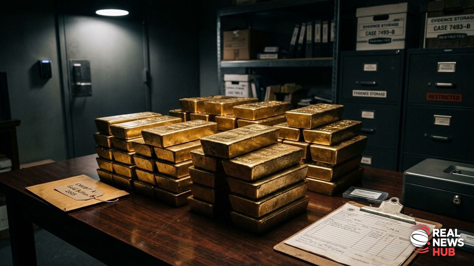 Stack of solid gold bullion bars resting on a wooden table inside a secure room.