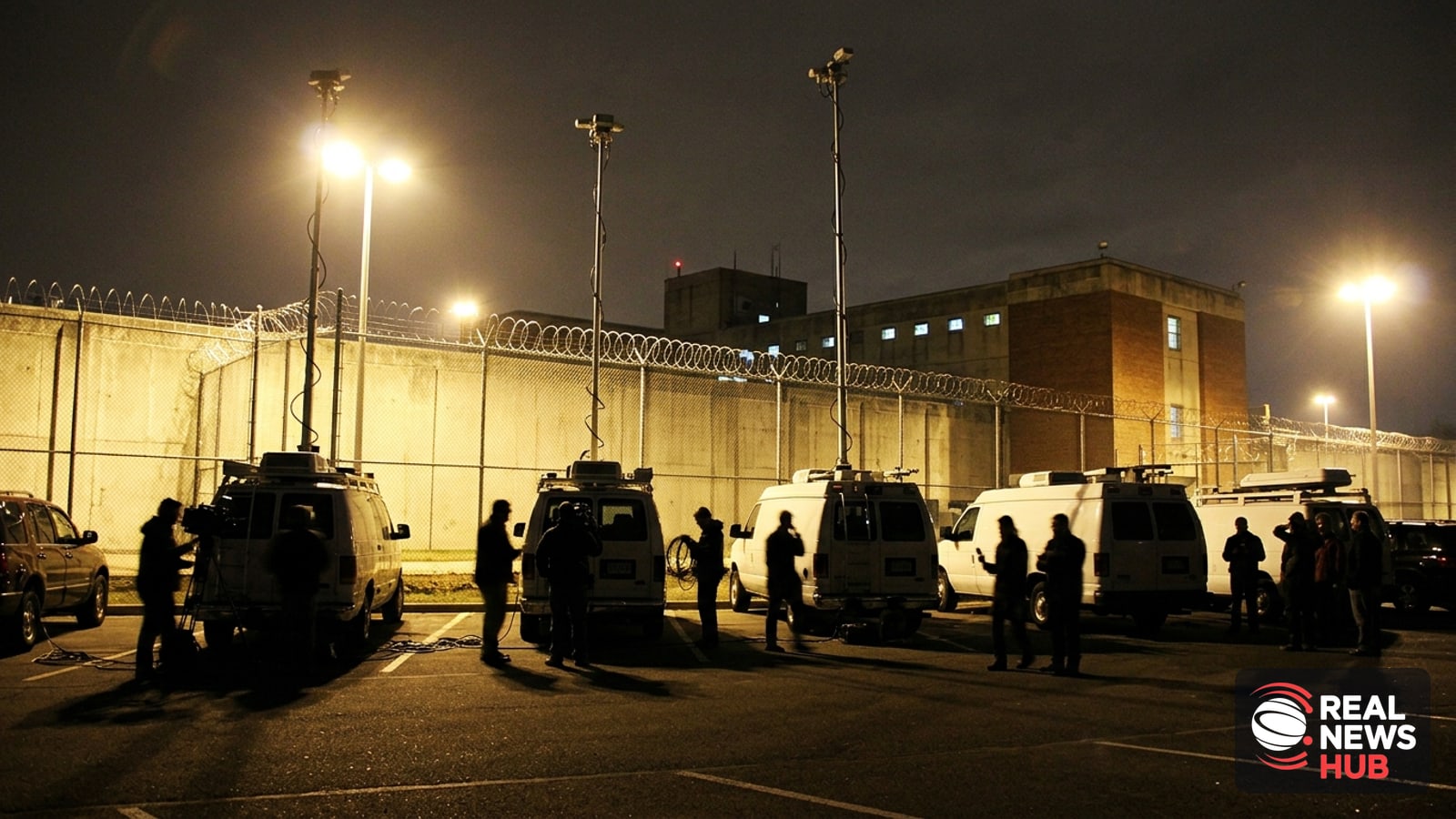 Exterior of a high-security prison at night with floodlights illuminating chain-link fencing, razor wire, and media broadcast vans.