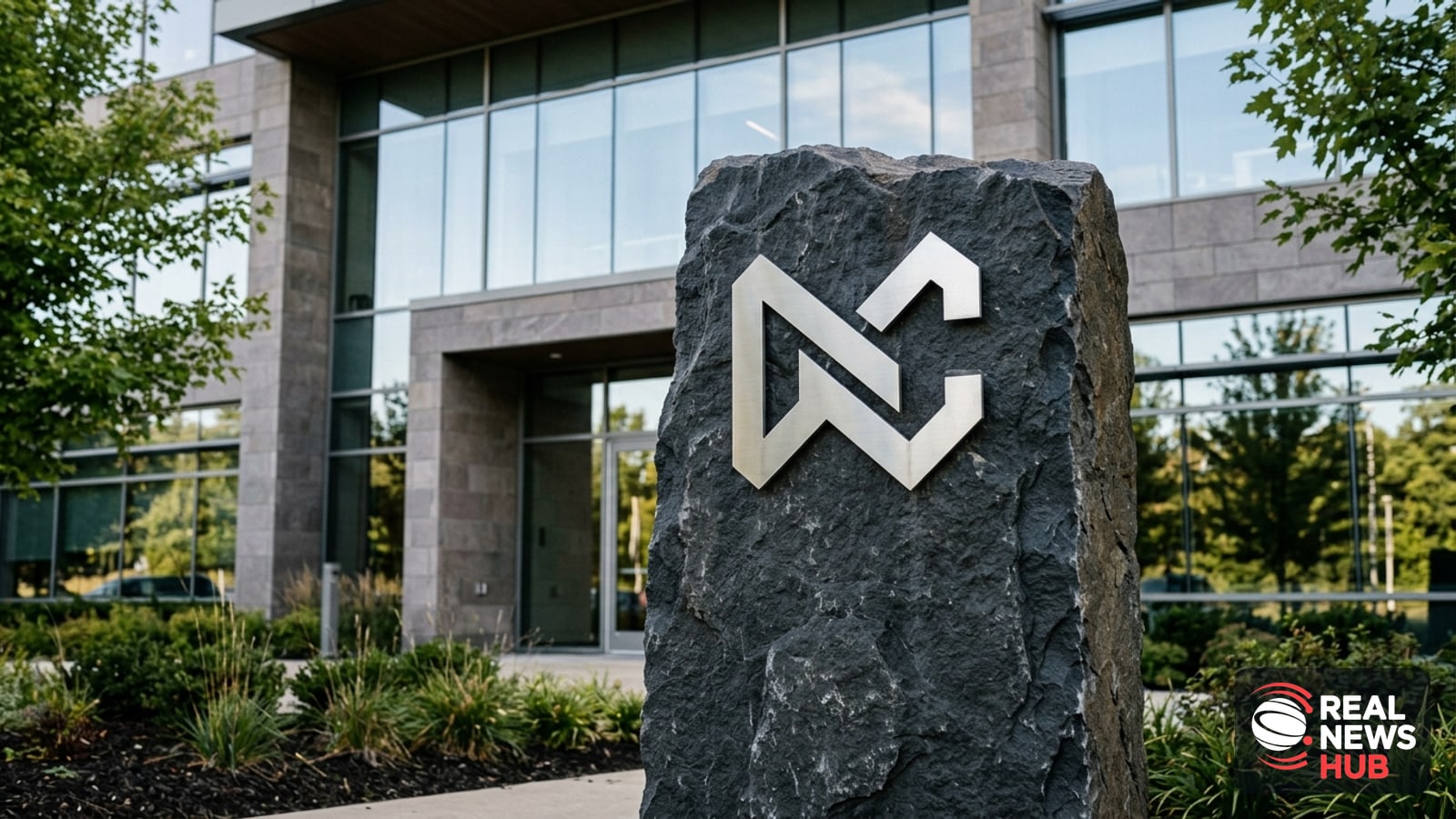 A tech company's logo sign displayed outside its corporate campus building in daylight
