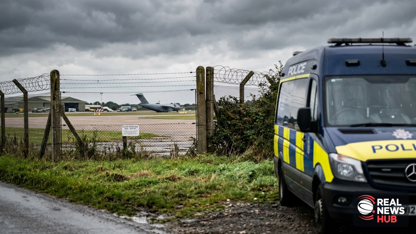 A British police patrol car parked outside a chain-link and barbed wire fence bordering an airfield runway under an overcast sky.