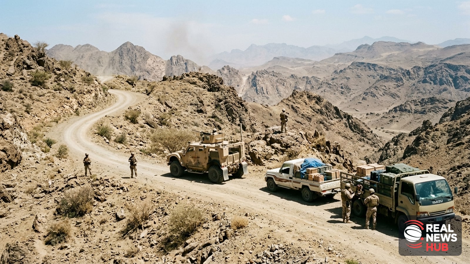 Yemeni military vehicles and personnel stationed along a rugged mountain pass overlooking arid terrain in Yemen.