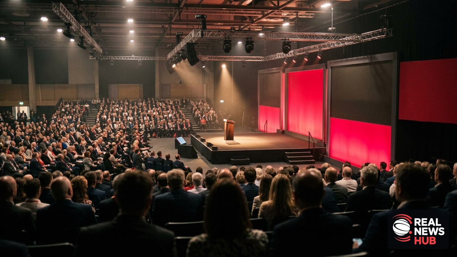 A wide shot of a political conference auditorium with an empty brightly lit stage, red backdrop banners, and blurred audience members in foreground.