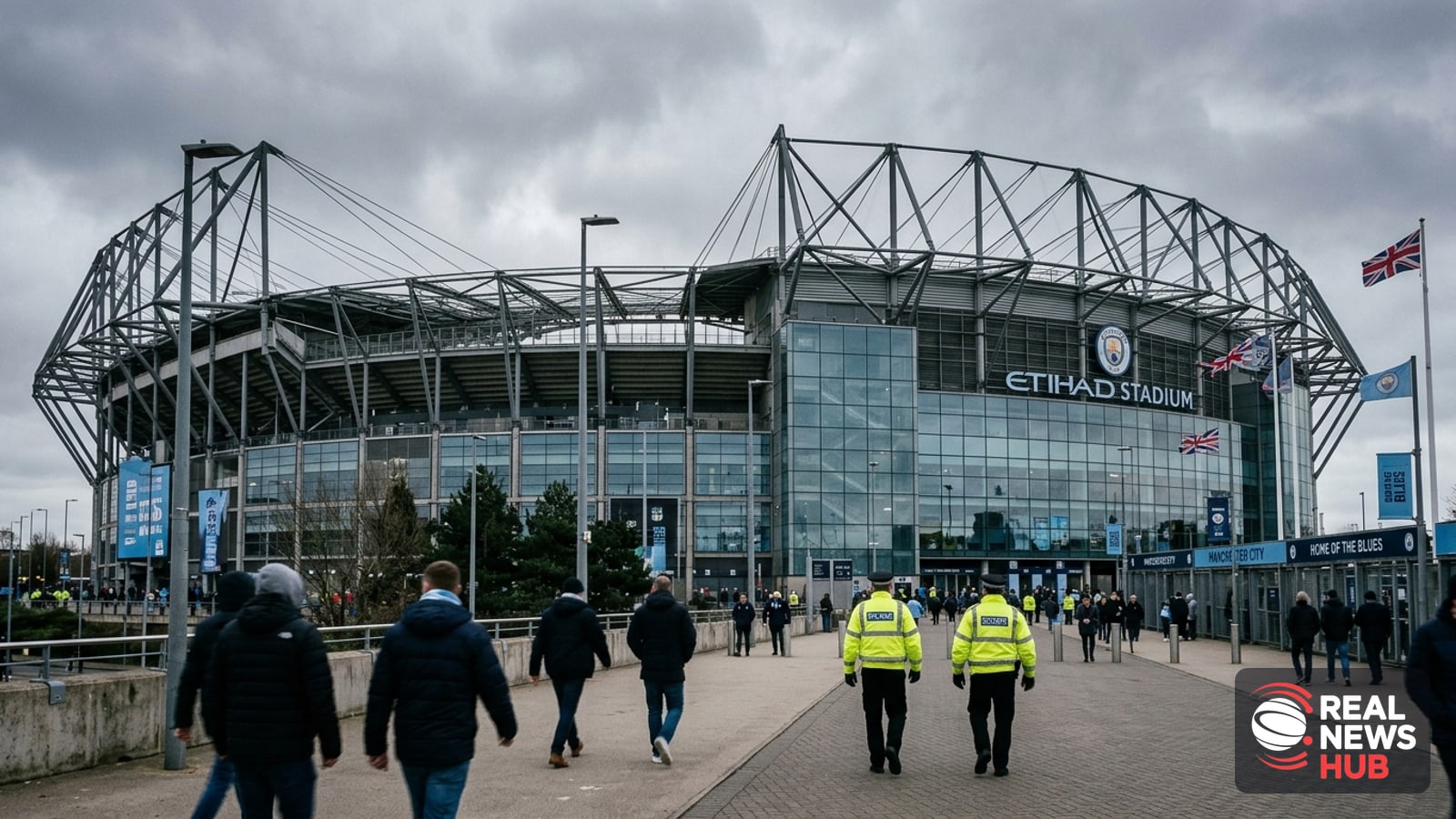 A modern glass-fronted football stadium exterior seen under an overcast British sky with blurred figures walking past.
