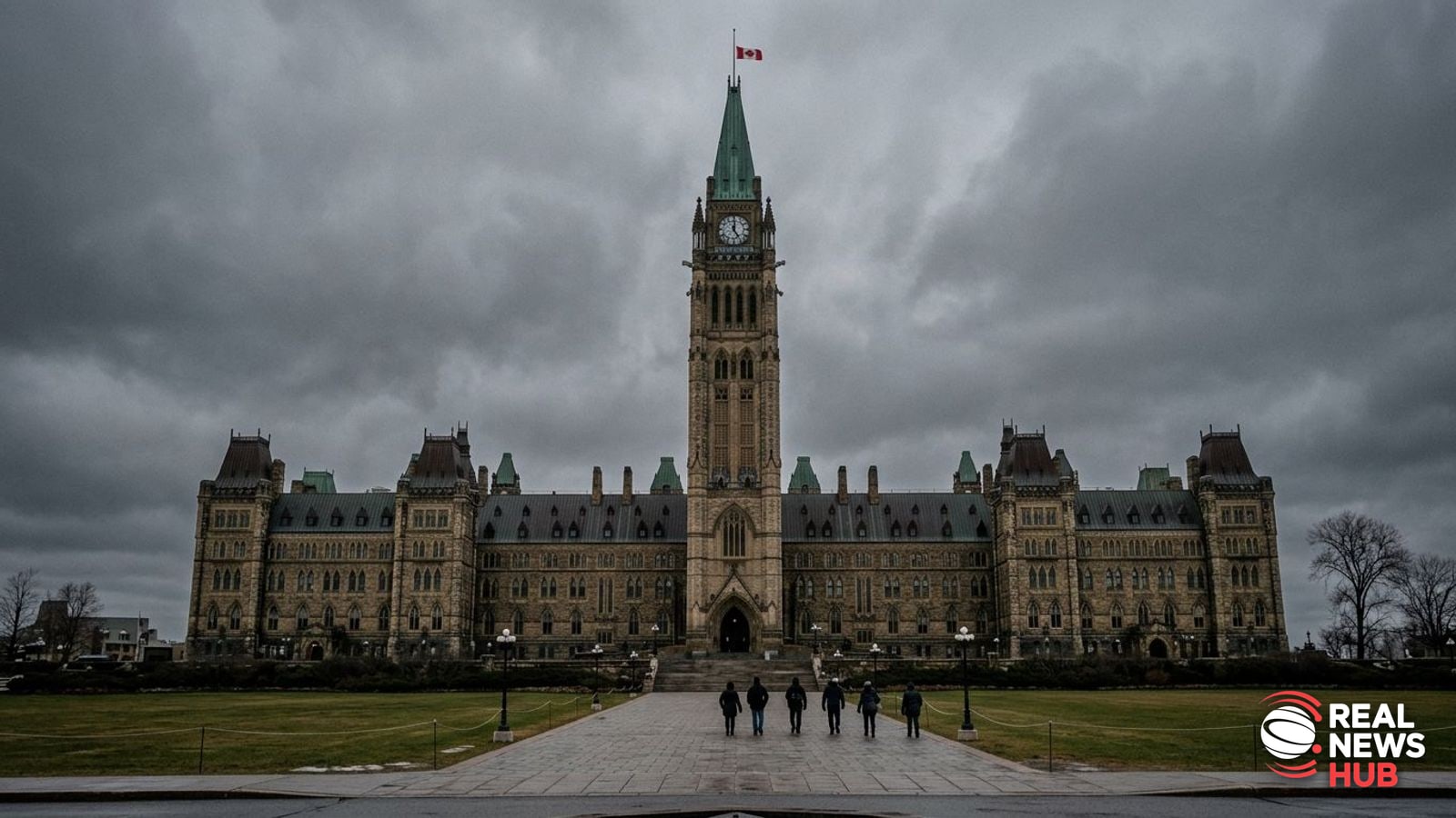 Exterior view of the Canadian Parliament Buildings on Parliament Hill under an overcast sky.