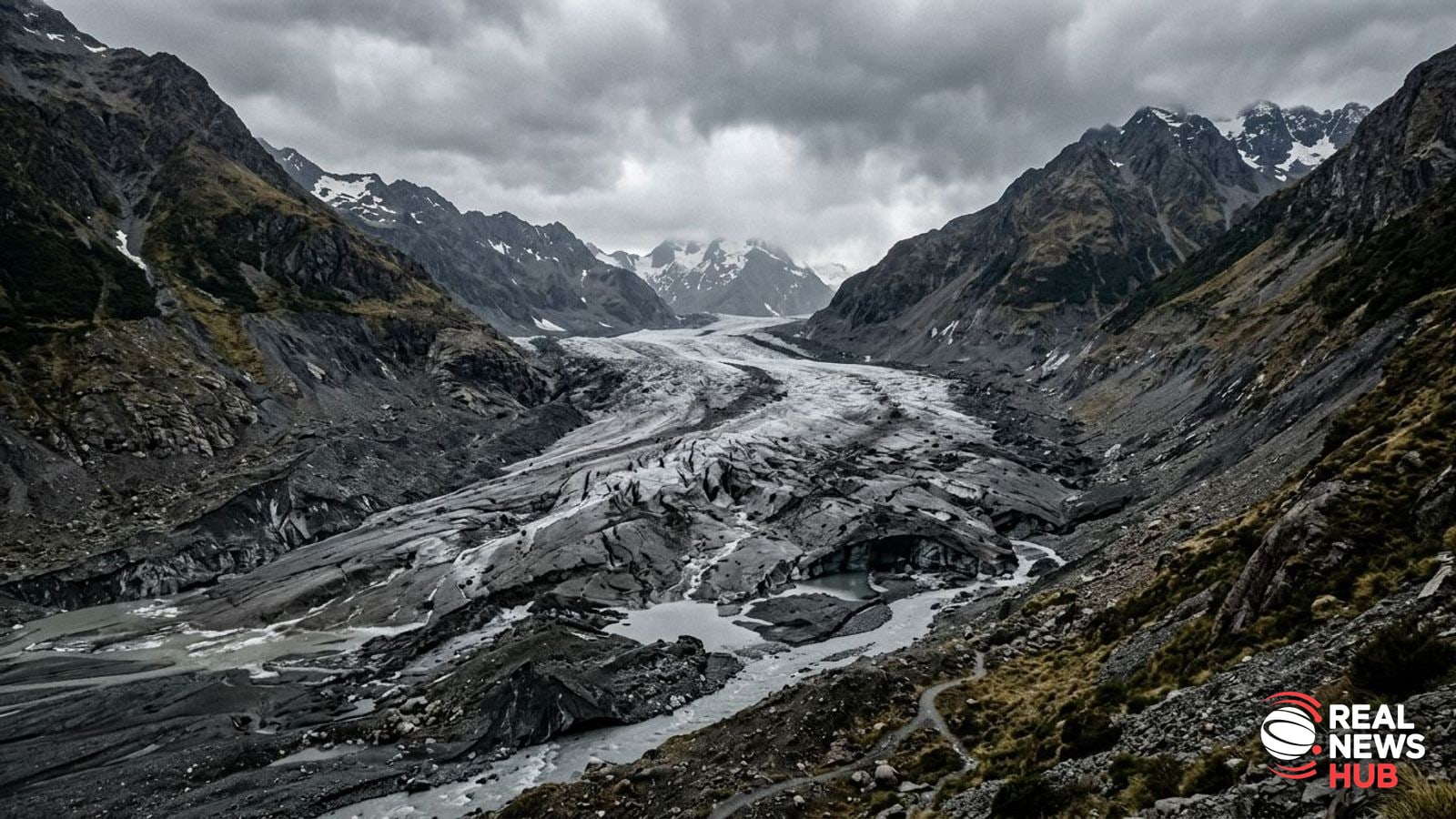 A receding mountain glacier covered with moraine and dark debris beneath steep alpine peaks under an overcast sky.