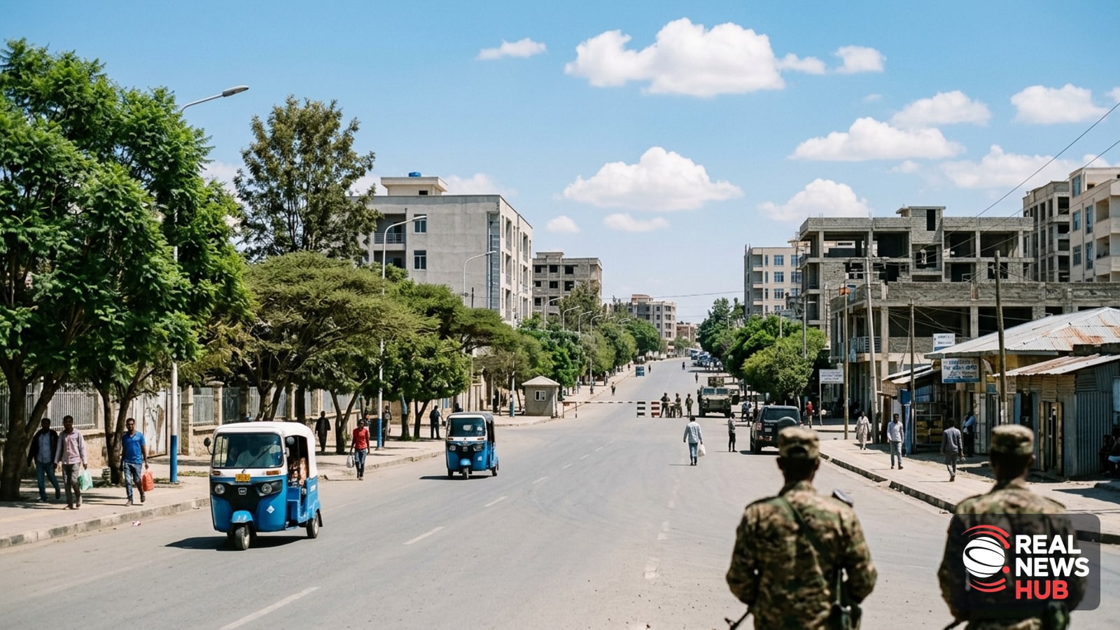 A quiet urban street in Mekelle, Ethiopia, under bright daylight with distant security personnel and sparse civilian traffic.