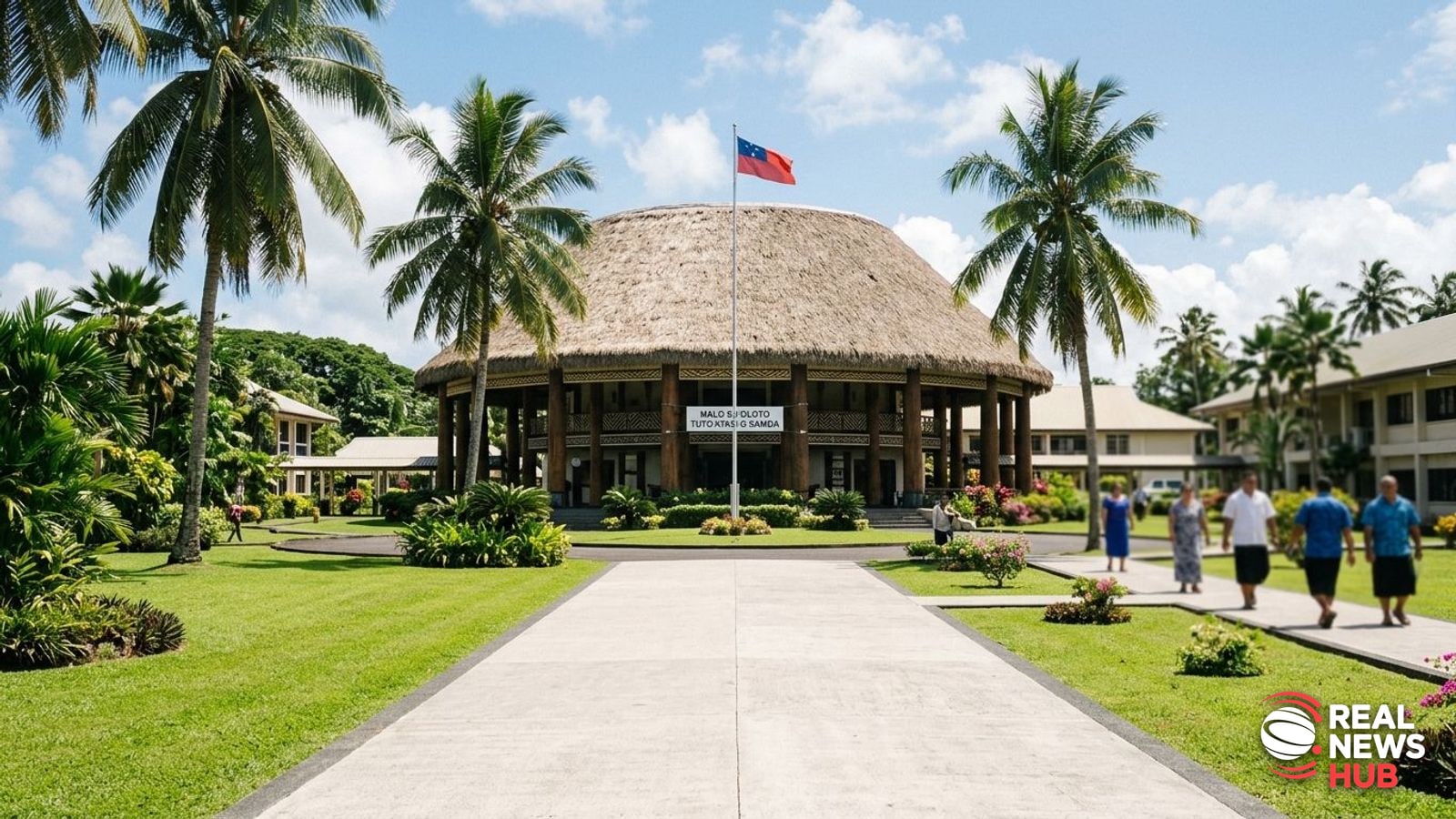 Exterior of the Samoan parliament complex in Apia under a tropical sky, with blurred figures in the distance.
