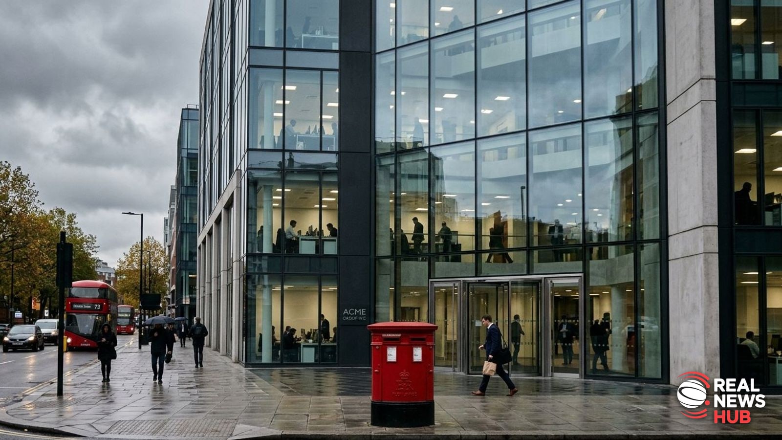 An exterior view of a modern British corporate office building with blurred silhouettes of office workers seen through glass.