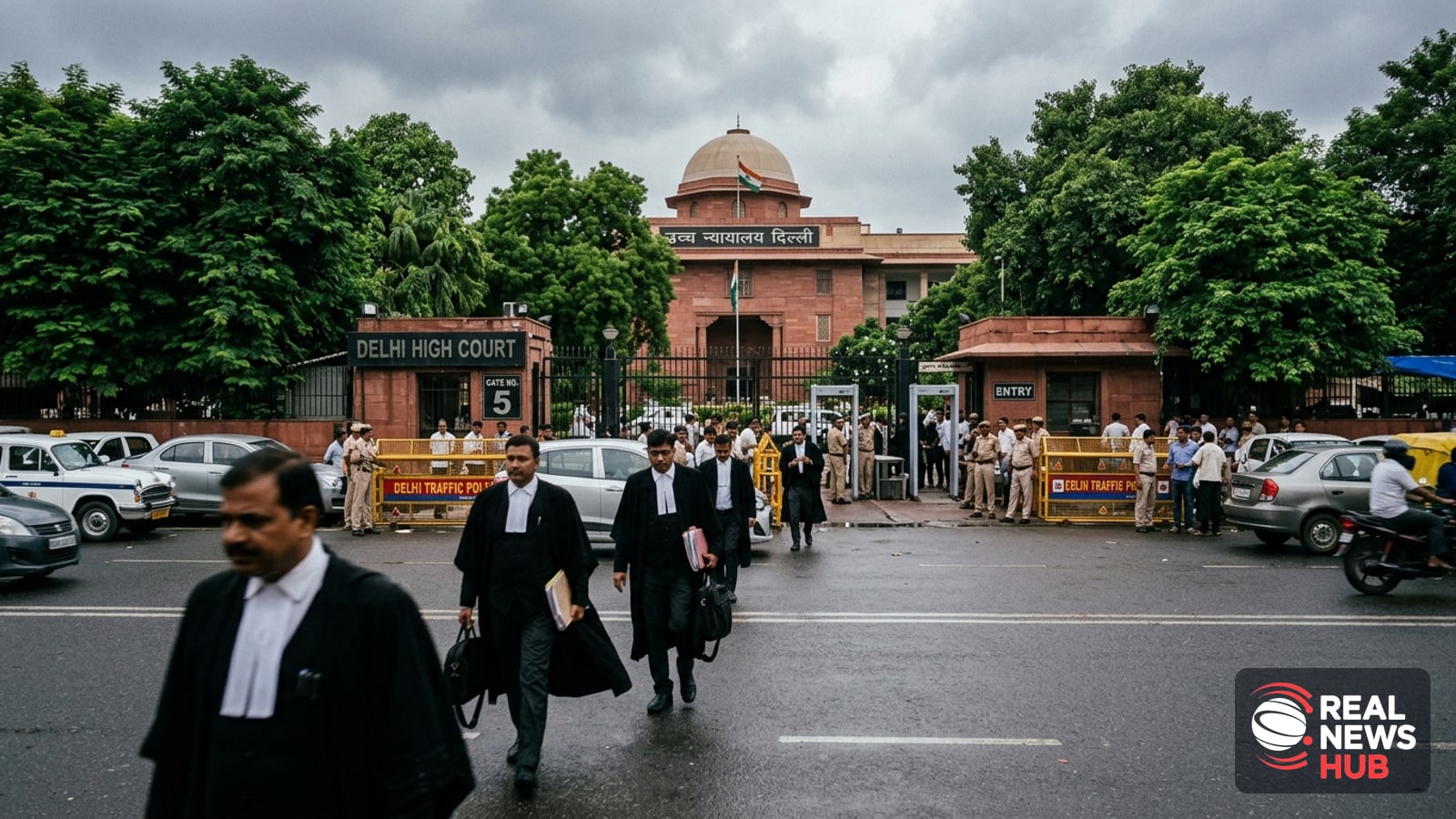 Exterior of an Indian courthouse complex in New Delhi with legal professionals walking past security gates.