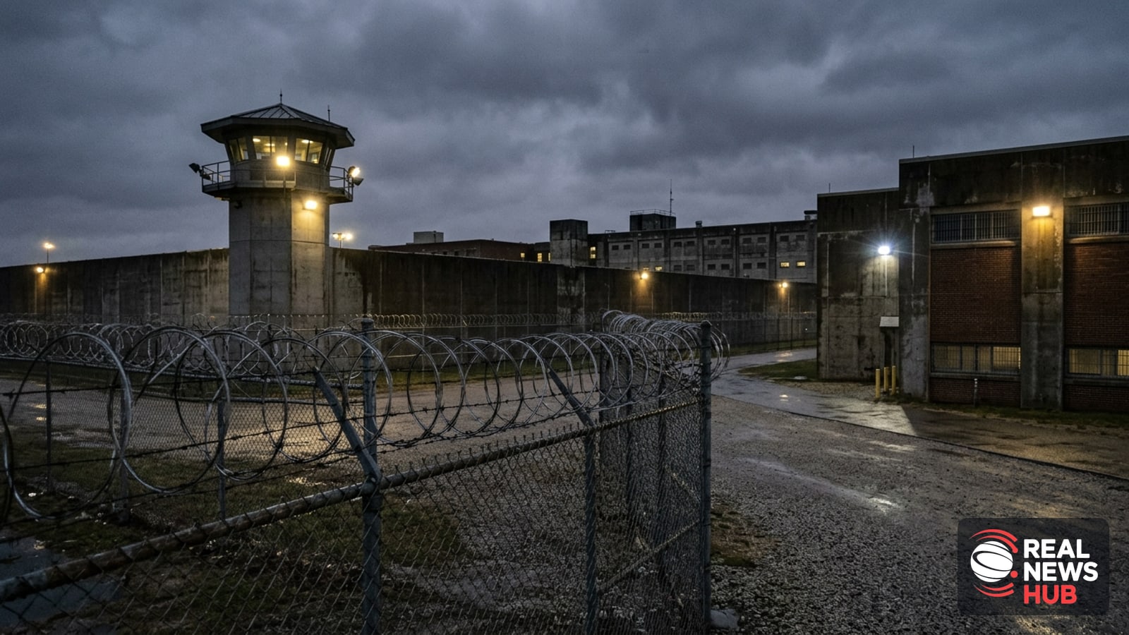 Exterior of a high-security state correctional facility under a somber twilight sky, with barbed wire fence and floodlights.