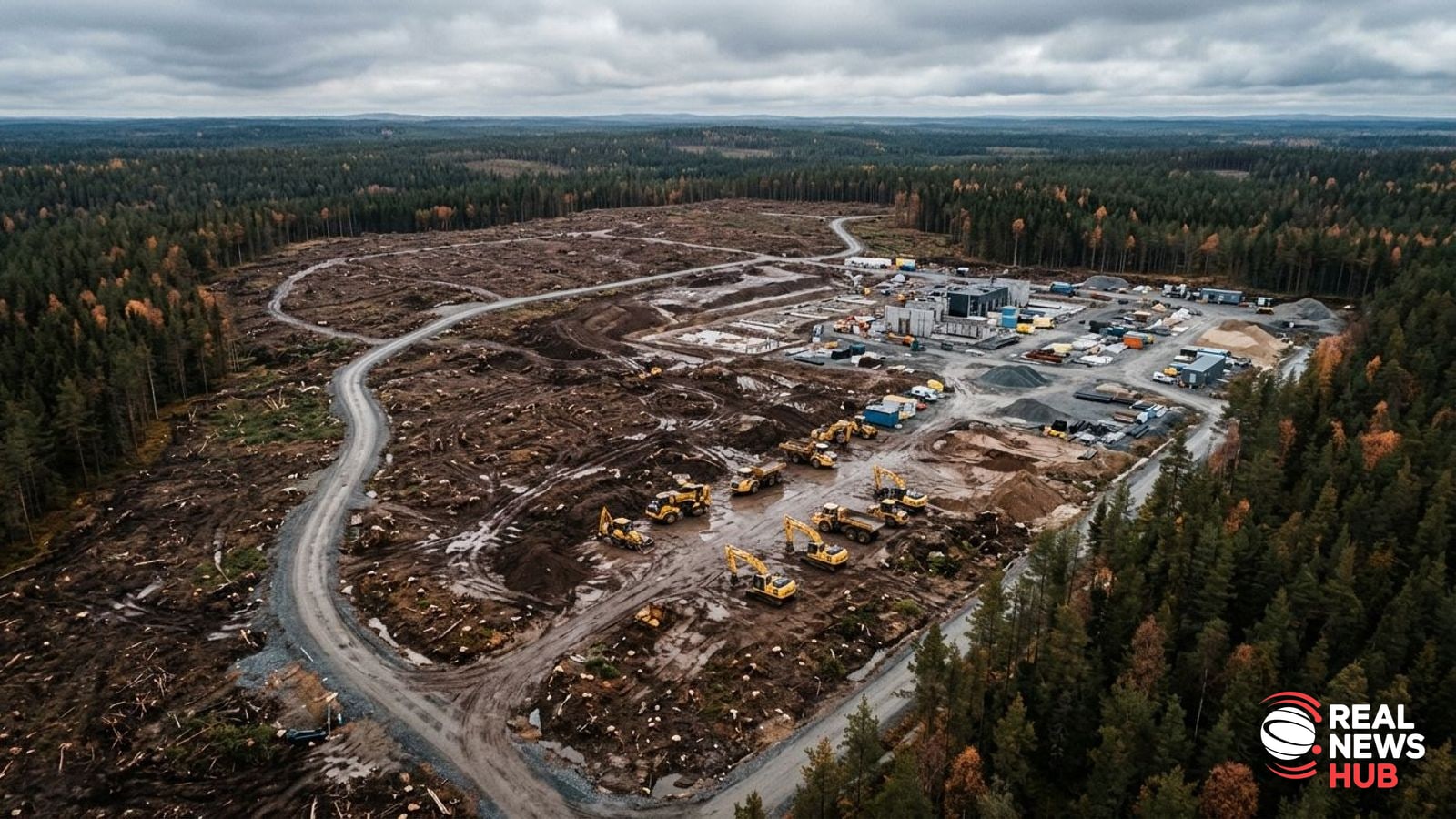 Aerial view of a cleared boreal forest site halted for construction in Finland.