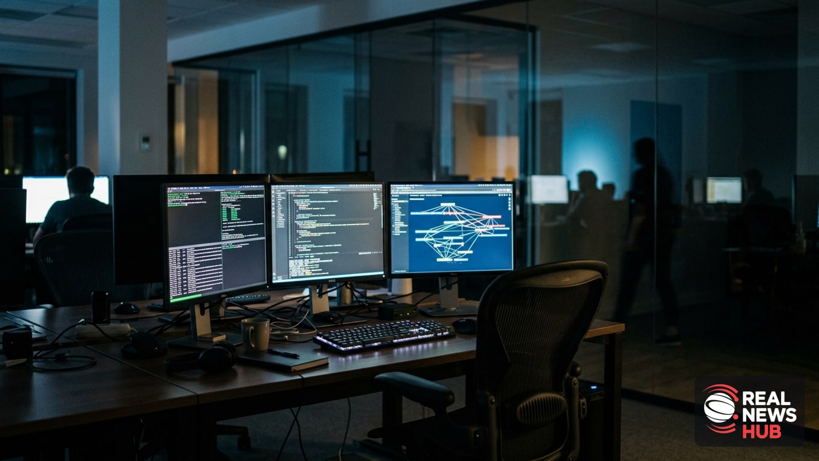 An empty desk with multiple computer screens displaying lines of unreadable code inside a dim modern tech office.